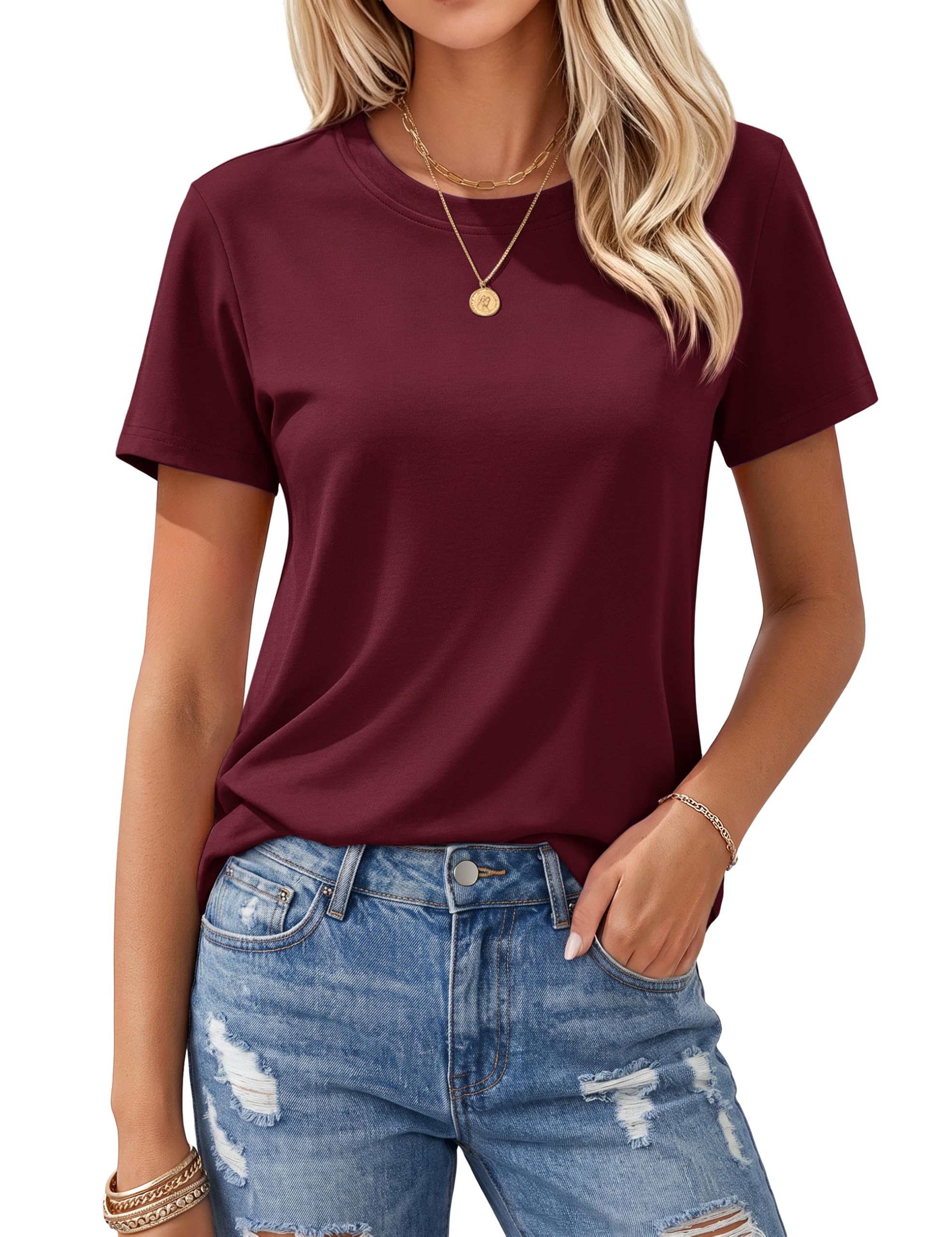 Women's T Shirts Cotton Short Sleeve Shirts Crew-Neck Summer Tops Classic-Fit Tees Breathable Casual Clothes