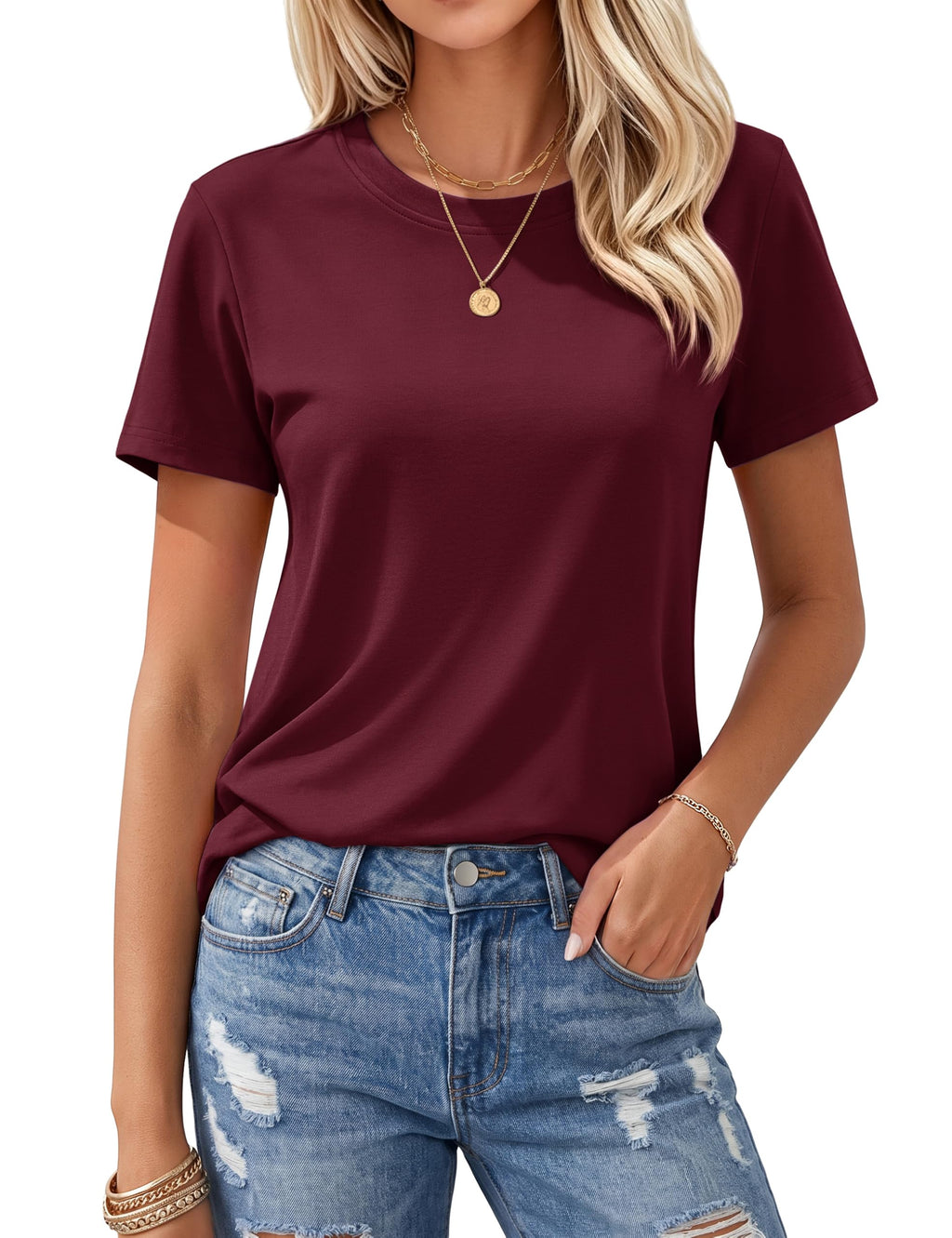 Women's T Shirts Cotton Short Sleeve Shirts Crew-Neck Summer Tops Classic-Fit Tees Breathable Casual Clothes