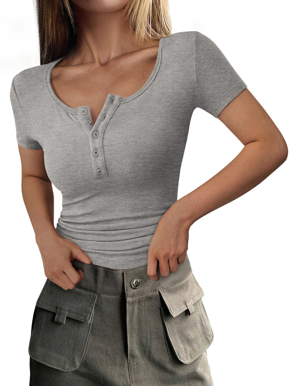 Women's Summer Tops Henley Tee Shirts | Soft Ribbed Fabric, Button Up, Short Sleeve, Slim Fitted, Basic Tshirts, Casual Trendy, Going Out Outfits, Fashion Clothing