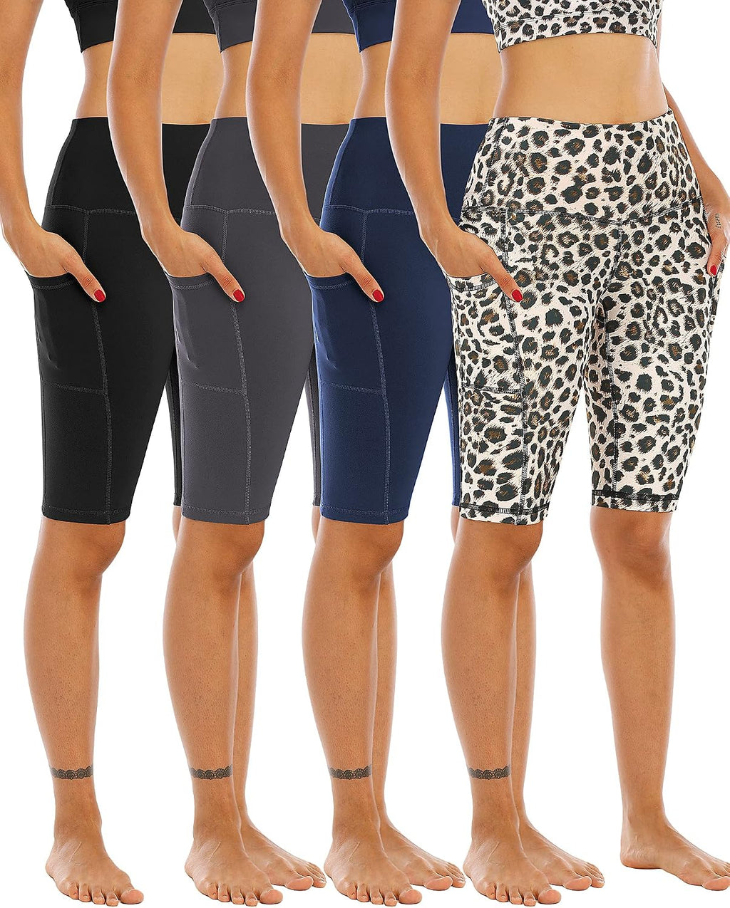 4 Pack Biker Yoga Shorts with Pockets for Women,High Waisted Athletic Running Workout Gym Shorts Tummy Control