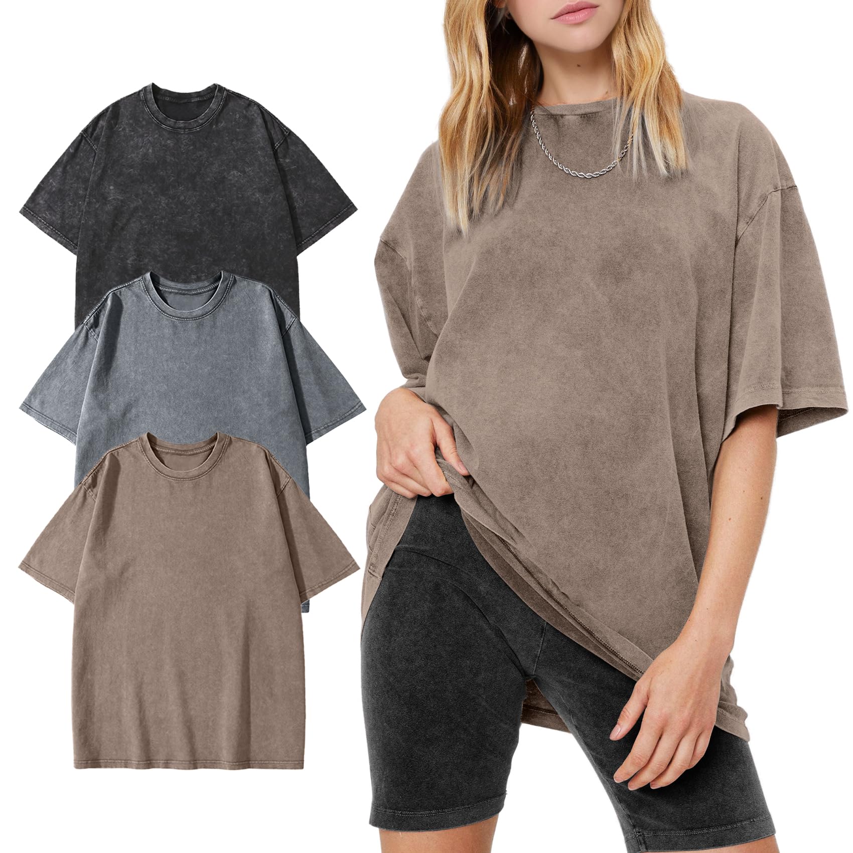 Women's Vintage Oversized T Shirts Washed Cotton Short Sleeve Tops | Soft Cotton Acid Wash Tees, Loose Baggy Boyfriend Fit, Gym, Workout, Streetwear, Casual Daily Outfits