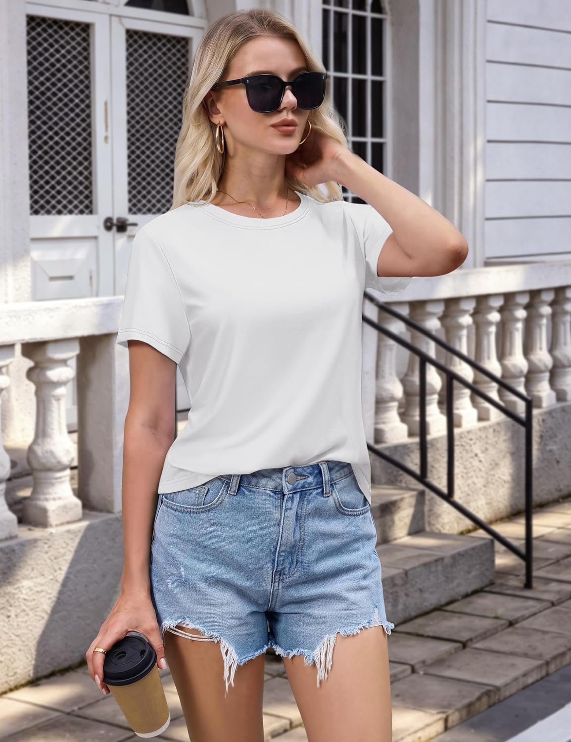 Women's T Shirts Cotton Short Sleeve Shirts Crew-Neck Summer Tops Classic-Fit Tees Breathable Casual Clothes