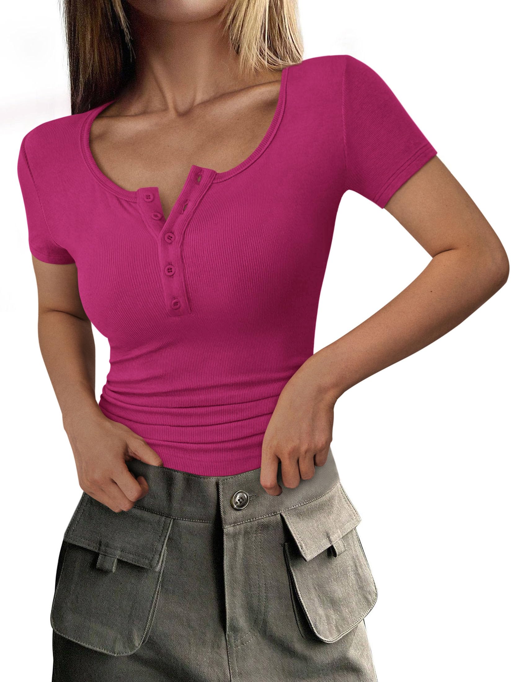 Women's Summer Tops Henley Tee Shirts | Soft Ribbed Fabric, Button Up, Short Sleeve, Slim Fitted, Basic Tshirts, Casual Trendy, Going Out Outfits, Fashion Clothing