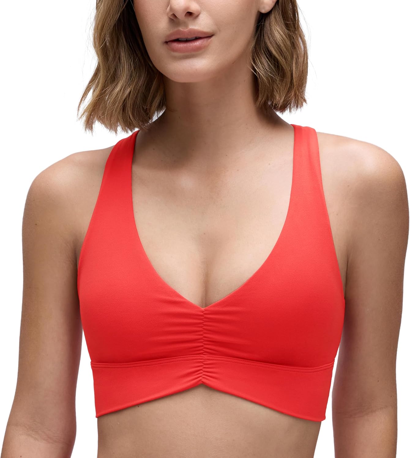 YOGA Ruched V Neck Sports Bra | Light Support, Removable Pads, Yoga, Extremely Soft, Cross Back, Wide Straps, for Women