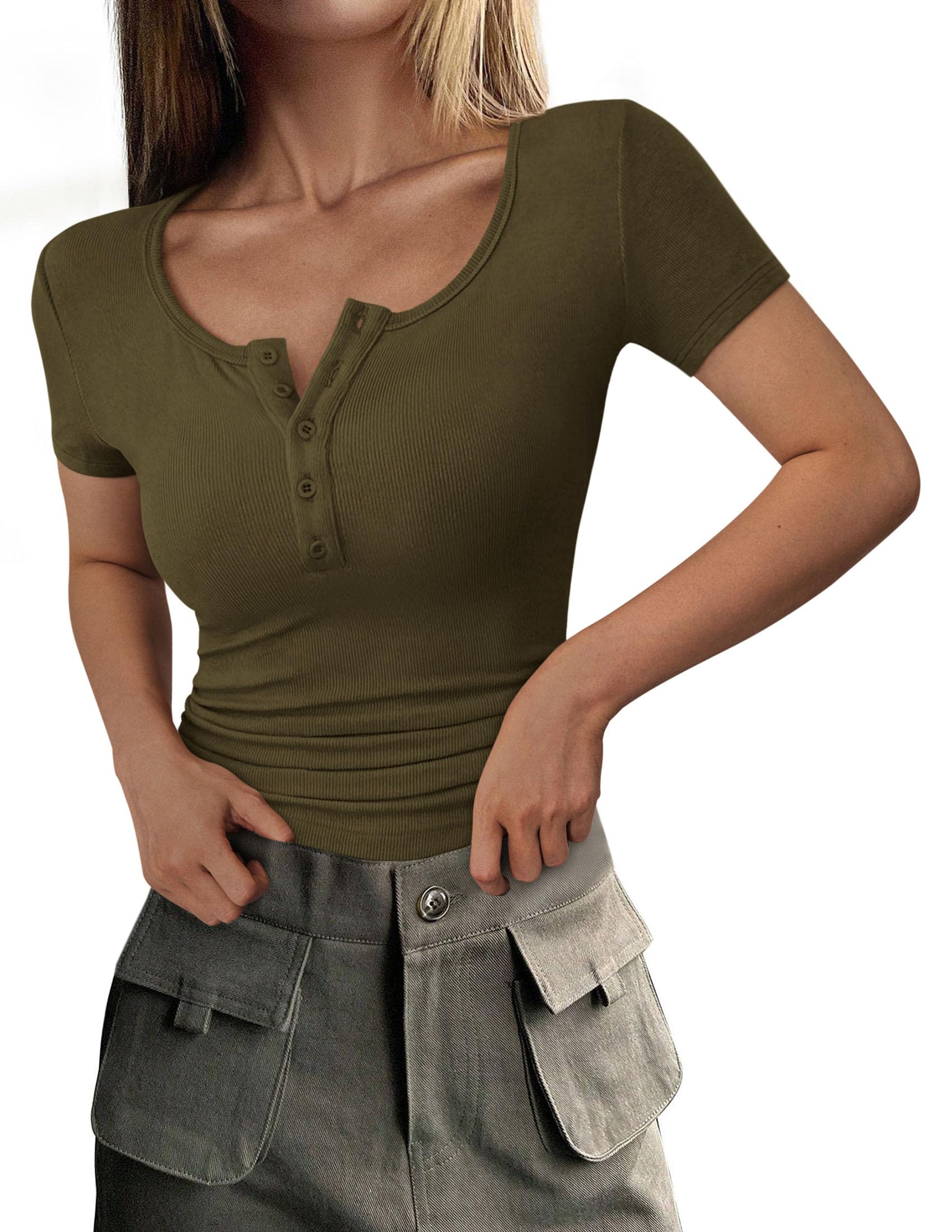 Women's Summer Tops Henley Tee Shirts | Soft Ribbed Fabric, Button Up, Short Sleeve, Slim Fitted, Basic Tshirts, Casual Trendy, Going Out Outfits, Fashion Clothing