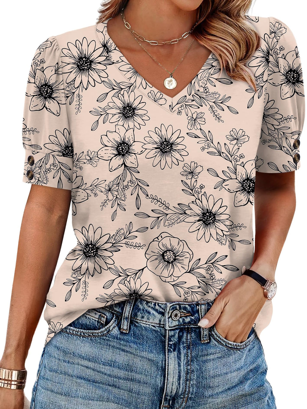 Womens Tops Short Sleeve Shirts Buttons V Neck Spring Fashion Summer Outfits Plus Size Blouses Dressy Casual