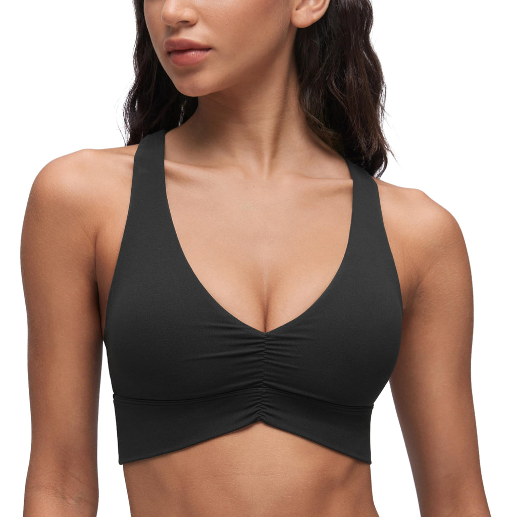 YOGA Ruched V Neck Sports Bra | Light Support, Removable Pads, Yoga, Extremely Soft, Cross Back, Wide Straps, for Women