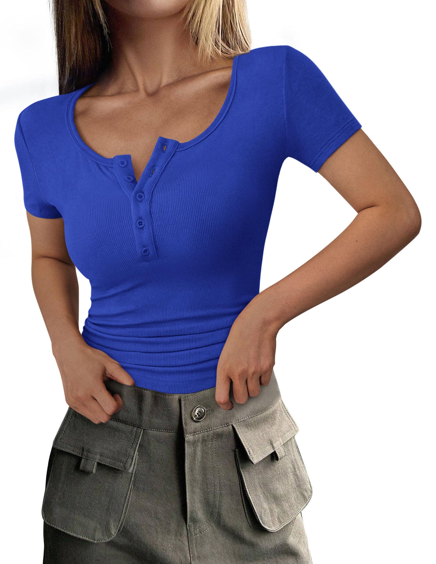 Women's Summer Tops Henley Tee Shirts | Soft Ribbed Fabric, Button Up, Short Sleeve, Slim Fitted, Basic Tshirts, Casual Trendy, Going Out Outfits, Fashion Clothing