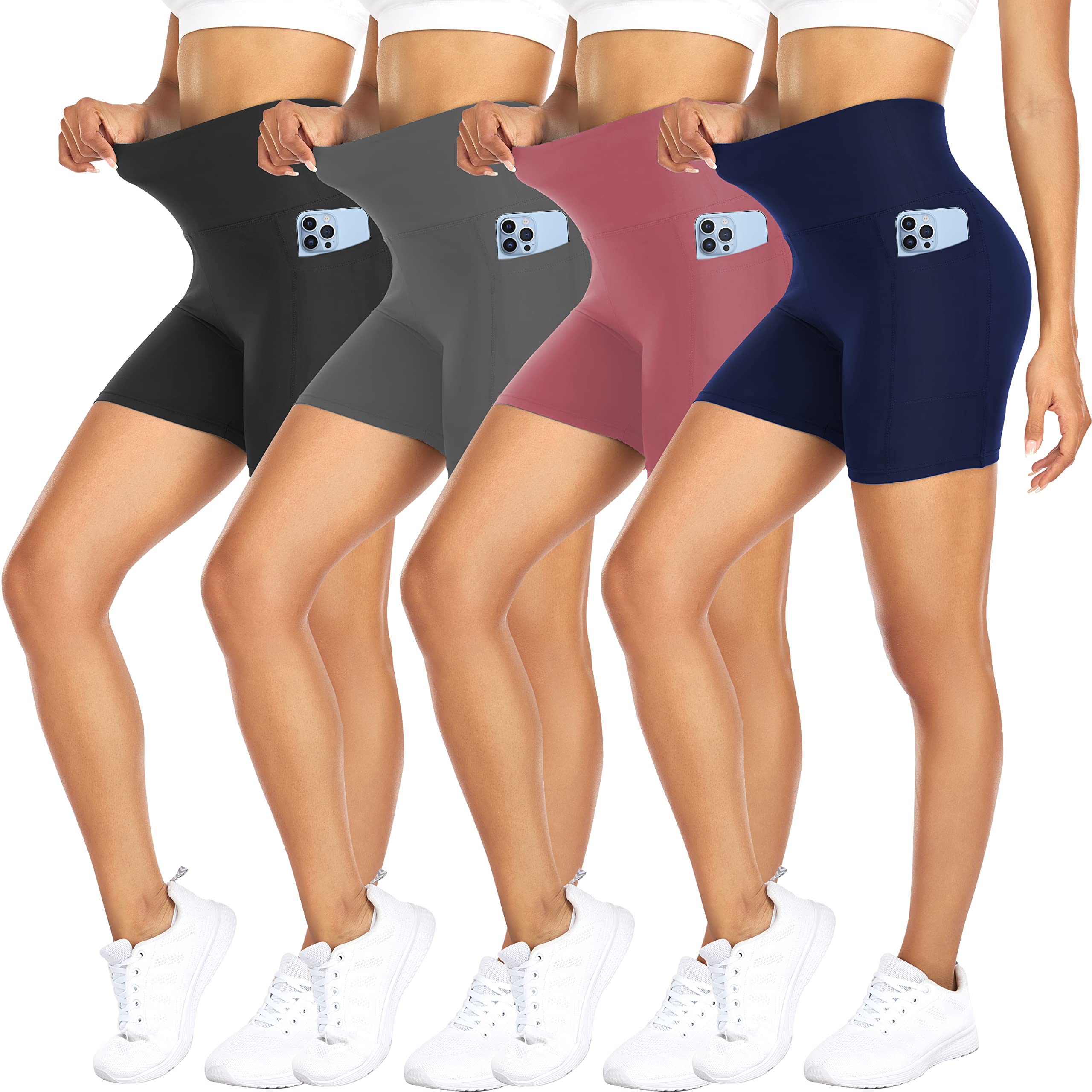 4 Pack Biker Shorts for Women with Pockets – 5" High Waisted Tummy Control Workout Yoga Running Gym Tennis Shorts