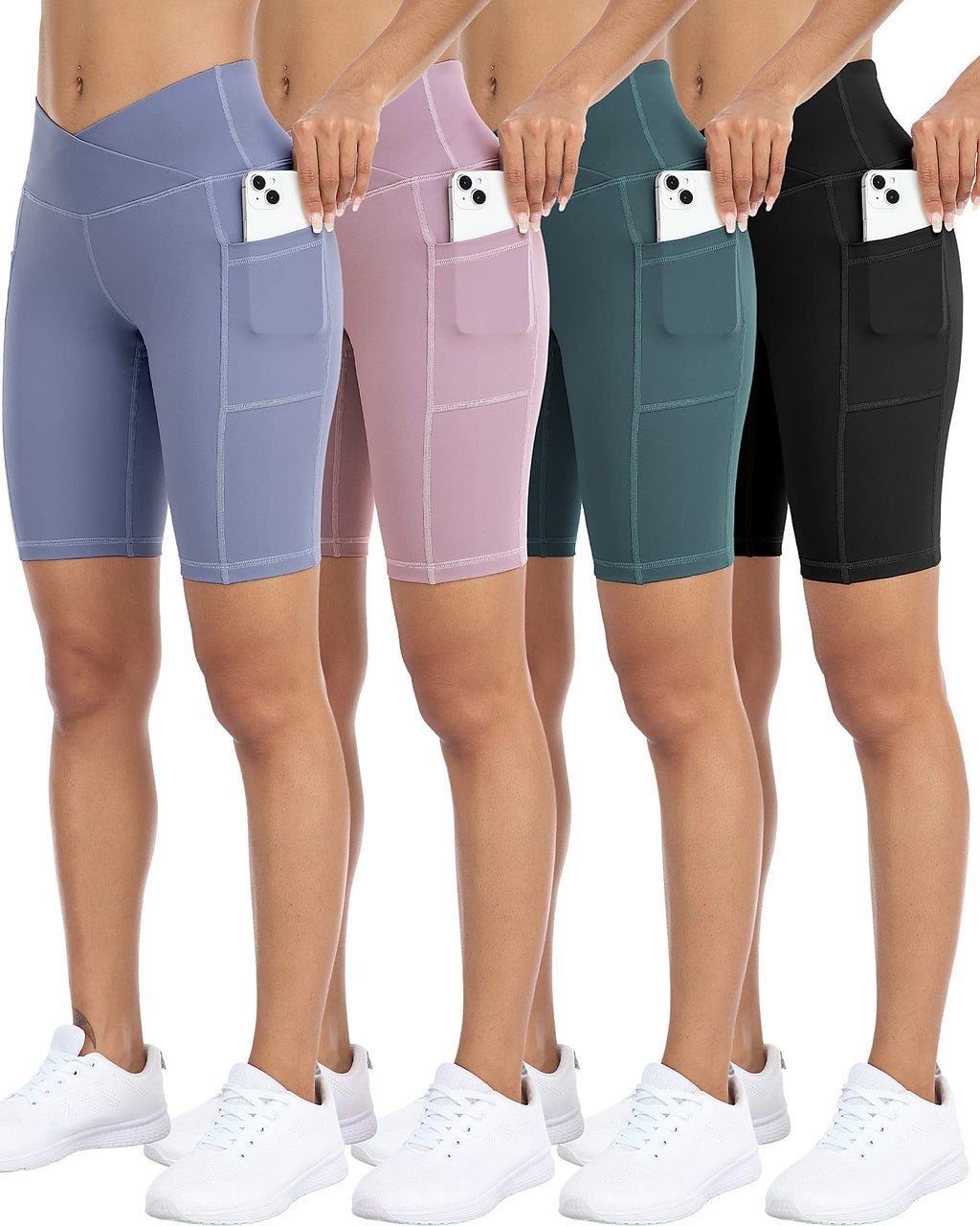 4 Pack Biker Yoga Shorts with Pockets for Women,High Waisted Athletic Running Workout Gym Shorts Tummy Control