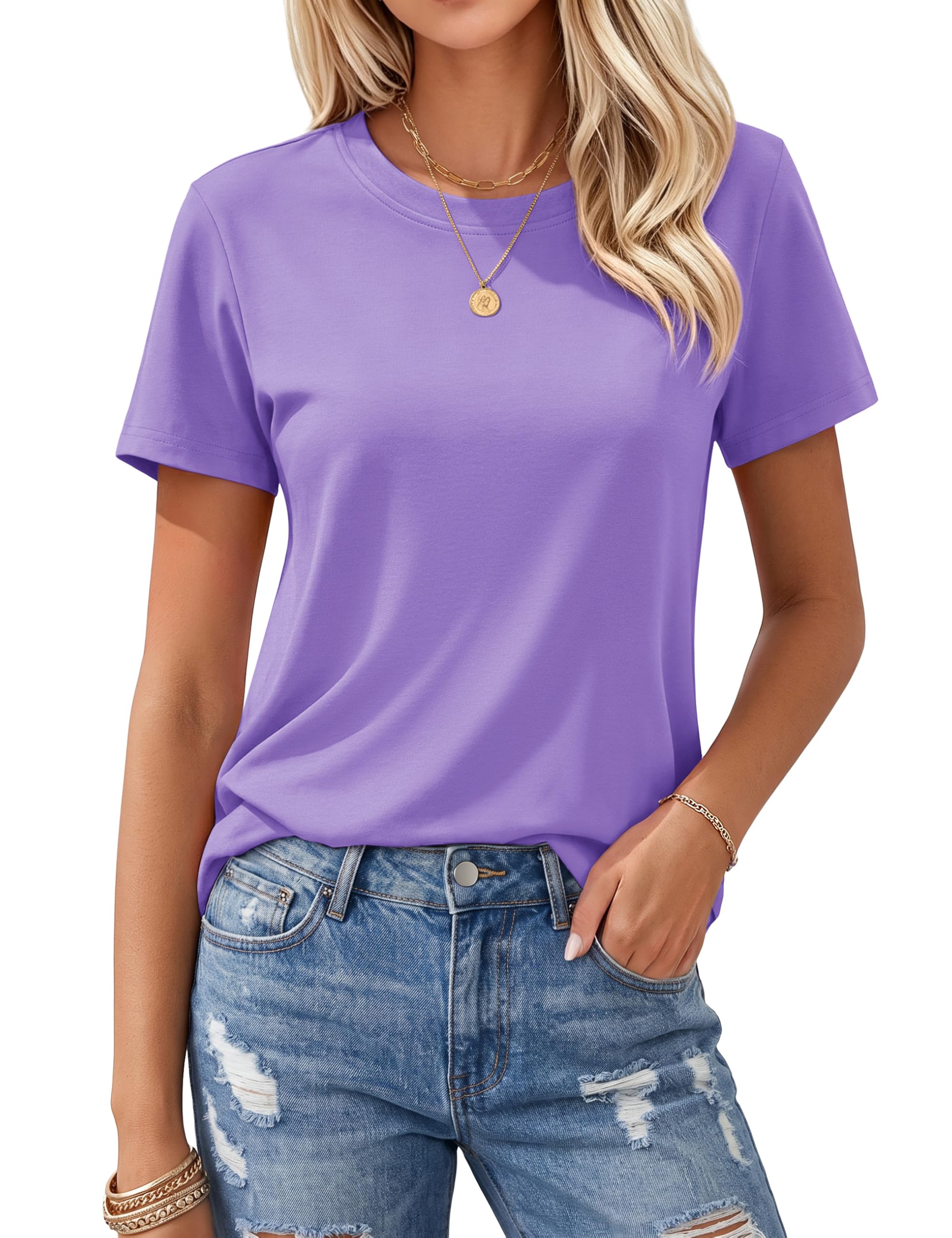 Women's T Shirts Cotton Short Sleeve Shirts Crew-Neck Summer Tops Classic-Fit Tees Breathable Casual Clothes