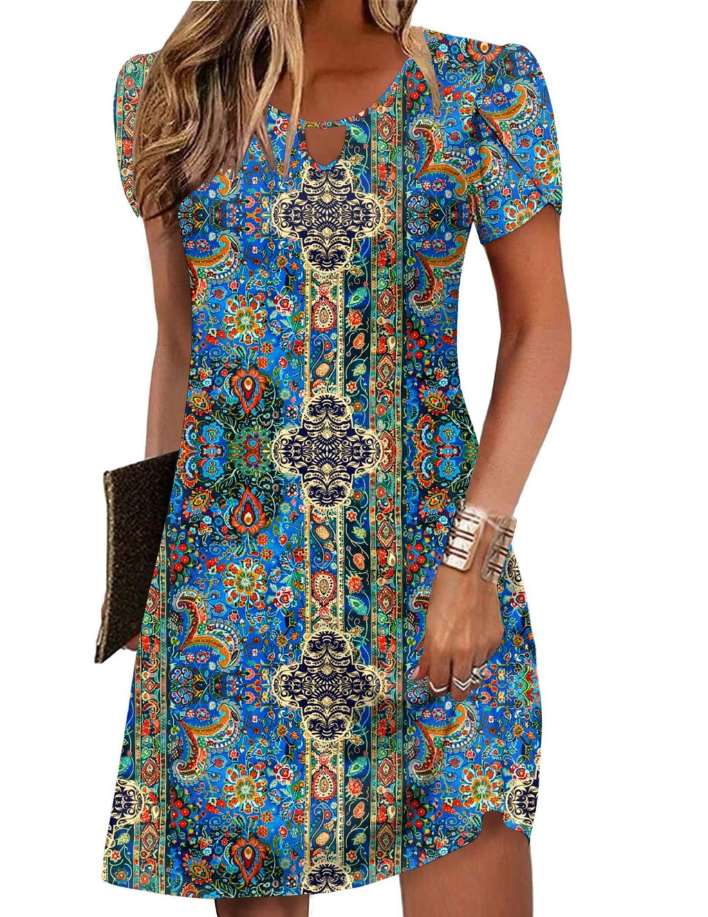 Women's Casual A-Line Dresses with Pockets Summer Floral Tshirt Dress Short Sleeve Mini Dress Flowy Sundresses