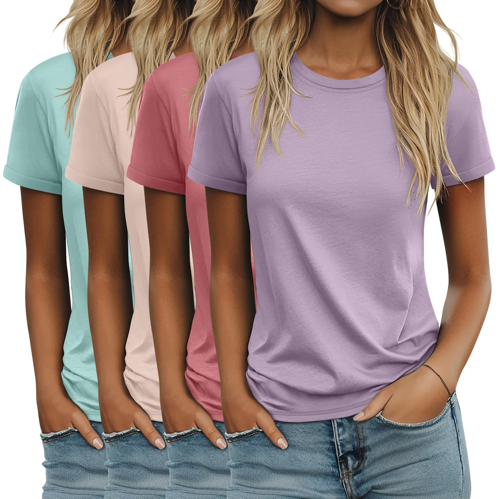 4 Pack Women's Cotton T Shirts | Casual, Short Sleeve, Tunic Tops, Crewneck, Plain, Loose Fit, Rolled Sleeve, Basic Tee, Summer