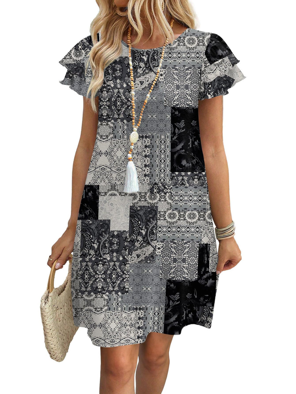 Womens Summer Dresses 2026 Ruffle Sleeve Round Neck Loose Swing Sundresses with Pockets Plain/Print