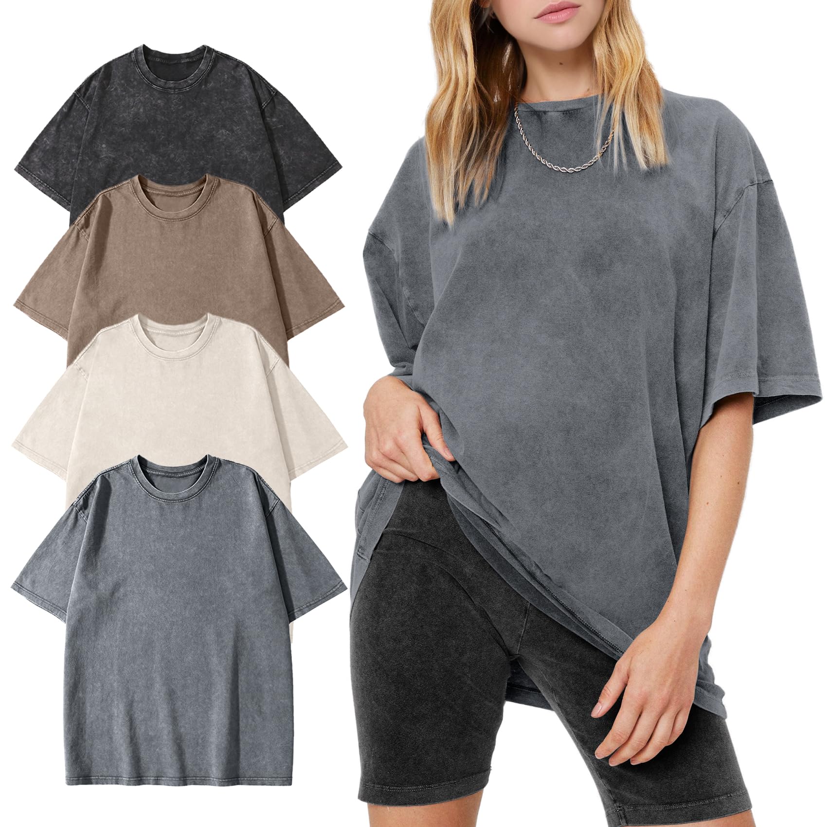 Women's Vintage Oversized T Shirts Washed Cotton Short Sleeve Tops | Soft Cotton Acid Wash Tees, Loose Baggy Boyfriend Fit, Gym, Workout, Streetwear, Casual Daily Outfits
