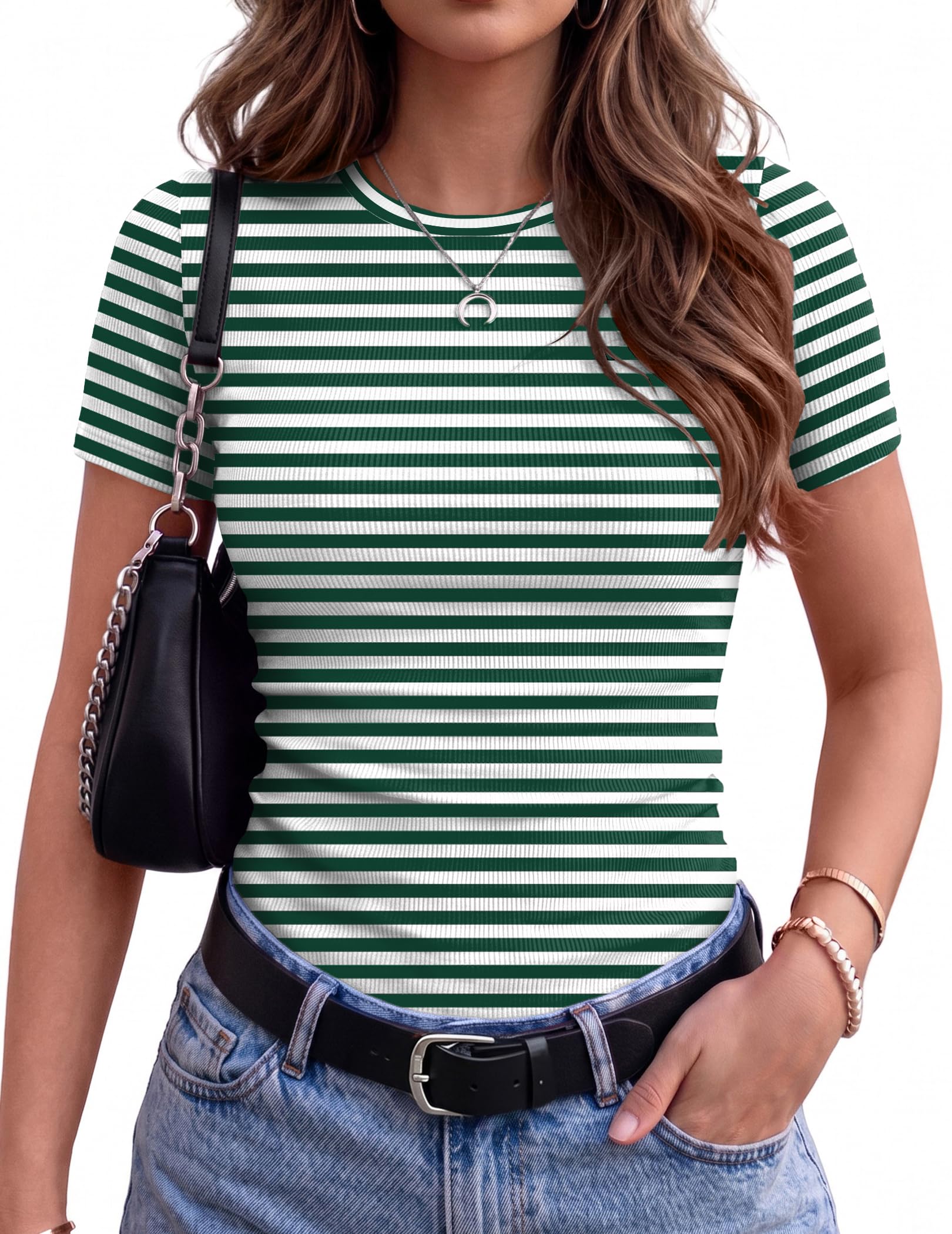 Women's Ribbed Short Sleeve Tops Crewneck Stretch Basic Tshirt S-2XL | Stretchy Ribbed Tops Ideal for Business Casual,Work,Daily Wear,Going Out, Perfect for Summer and Fall Outfits
