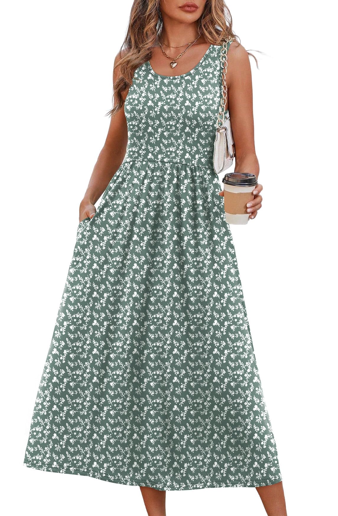 Summer Dresses for Women Flowy Casual Midi Dress Beach Vacation Sundresses with Pockets