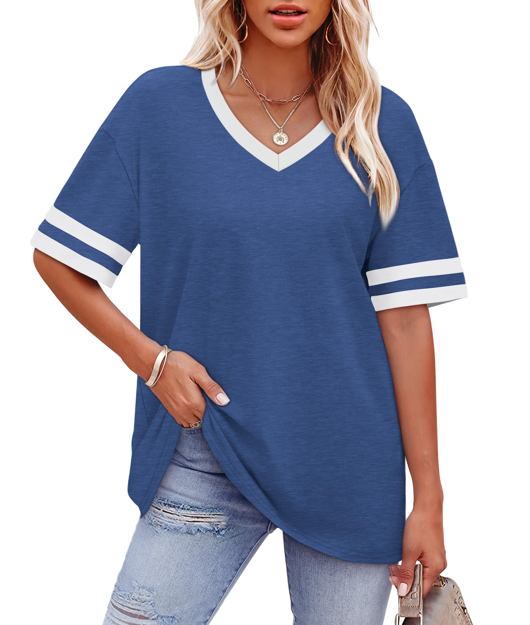 Womens T Shirts Loose Fit Short Sleeve Tees V Neck Color Block Summer Tops 2026 Fashion S-4XL