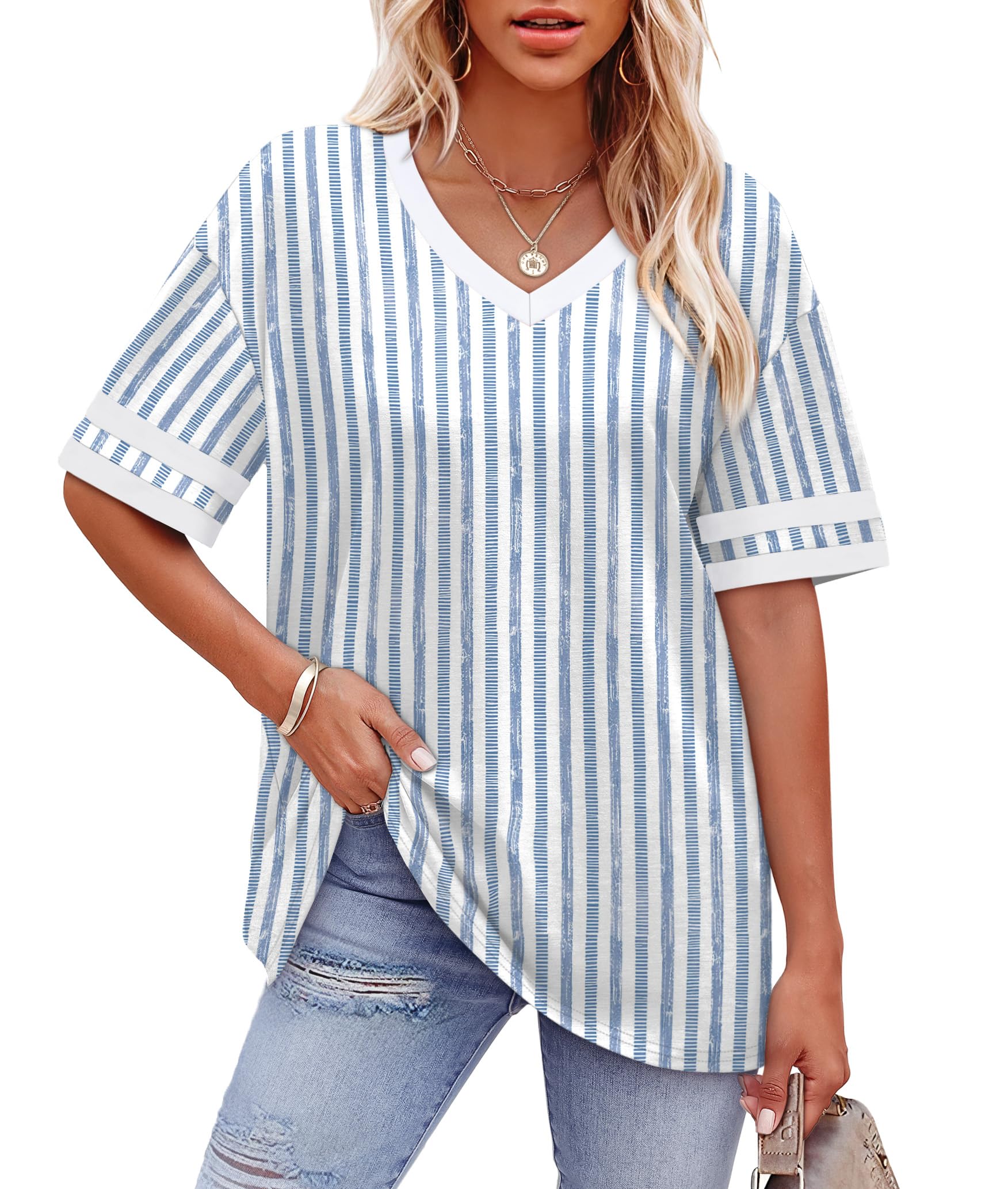 Womens T Shirts Loose Fit Short Sleeve Tees V Neck Color Block Summer Tops 2026 Fashion S-4XL