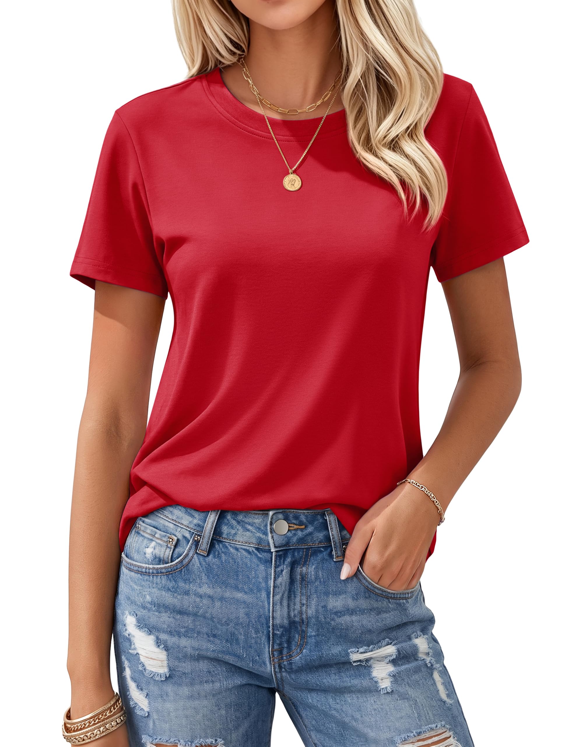 Women's T Shirts Cotton Short Sleeve Shirts Crew-Neck Summer Tops Classic-Fit Tees Breathable Casual Clothes