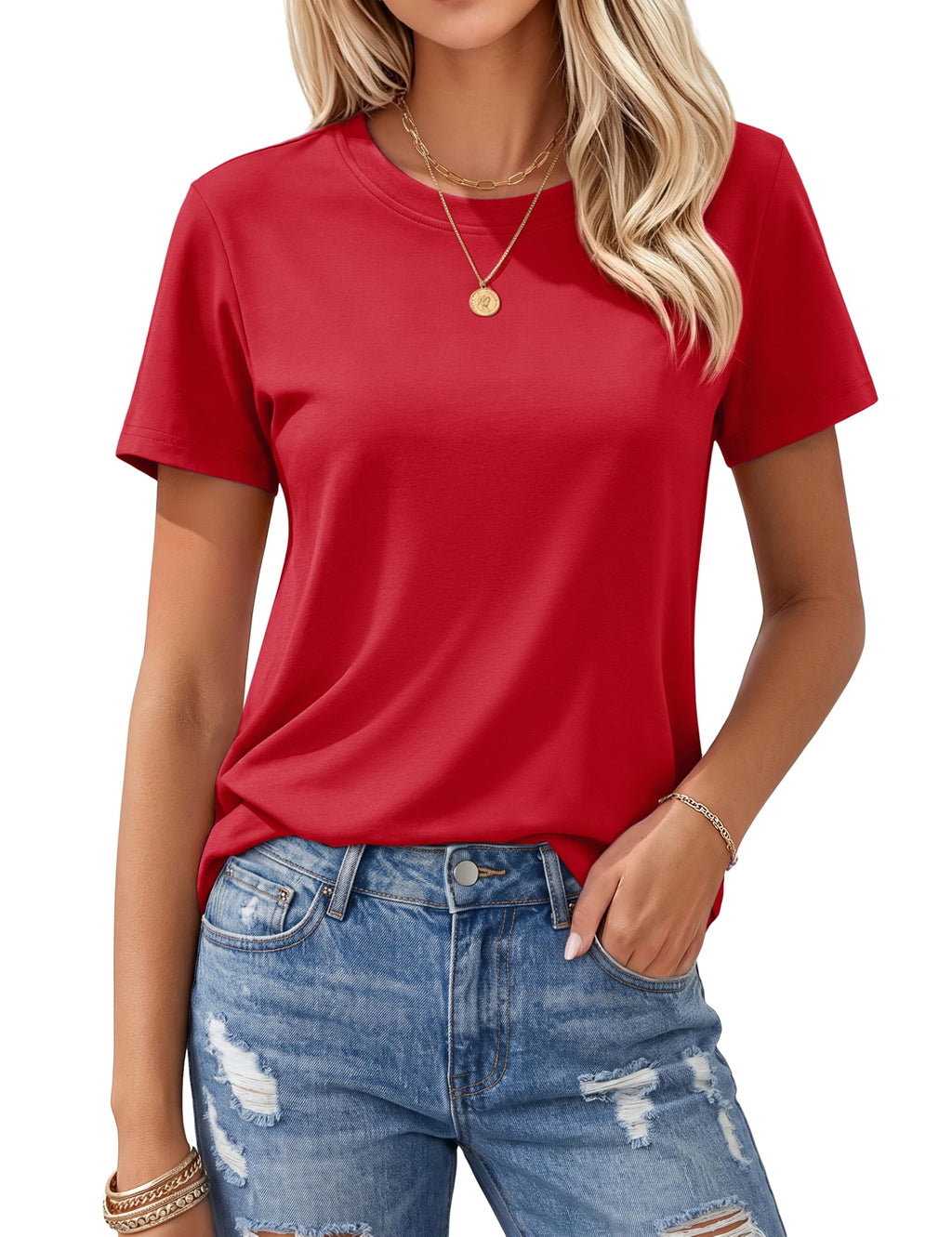 Women's T Shirts Cotton Short Sleeve Shirts Crew-Neck Summer Tops Classic-Fit Tees Breathable Casual Clothes