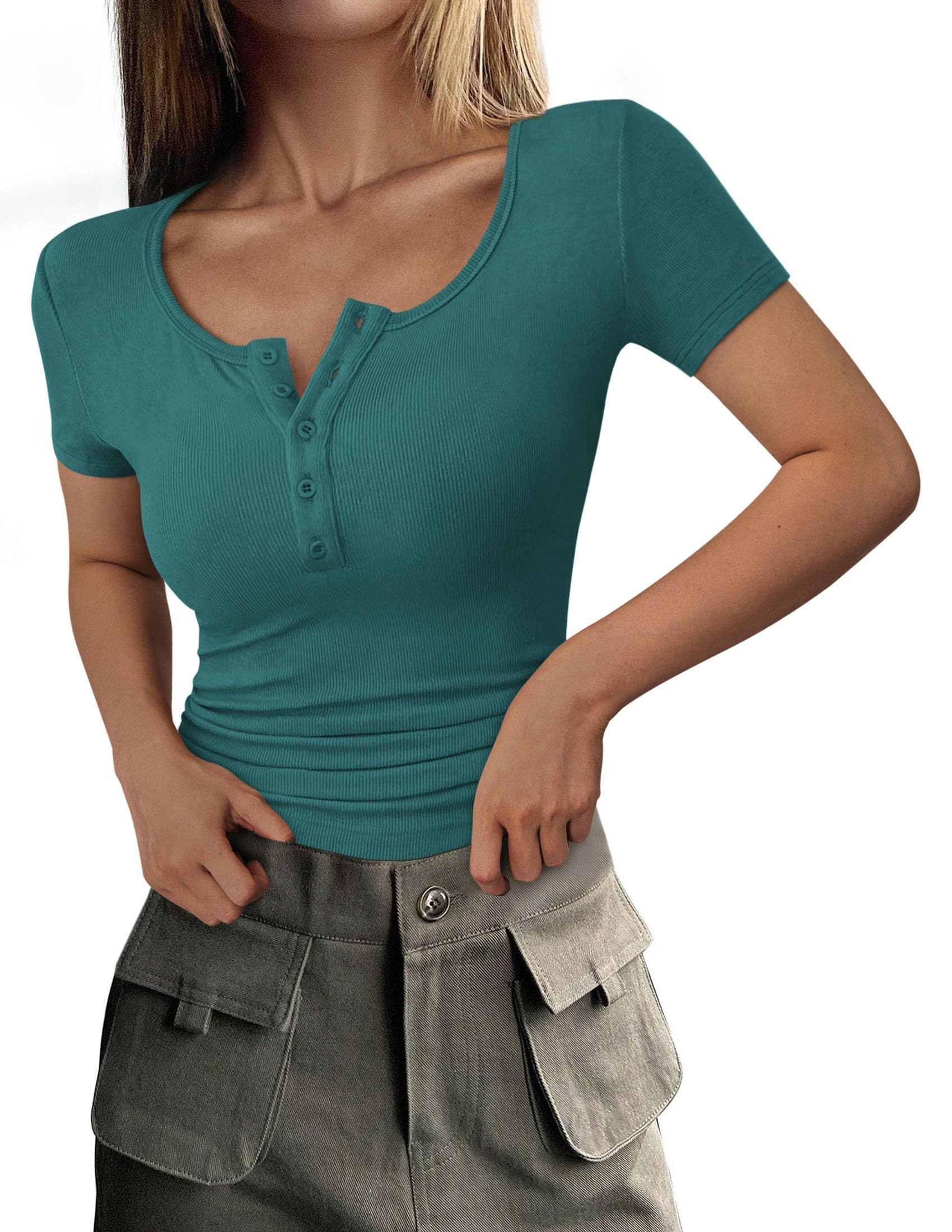 Women's Summer Tops Henley Tee Shirts | Soft Ribbed Fabric, Button Up, Short Sleeve, Slim Fitted, Basic Tshirts, Casual Trendy, Going Out Outfits, Fashion Clothing