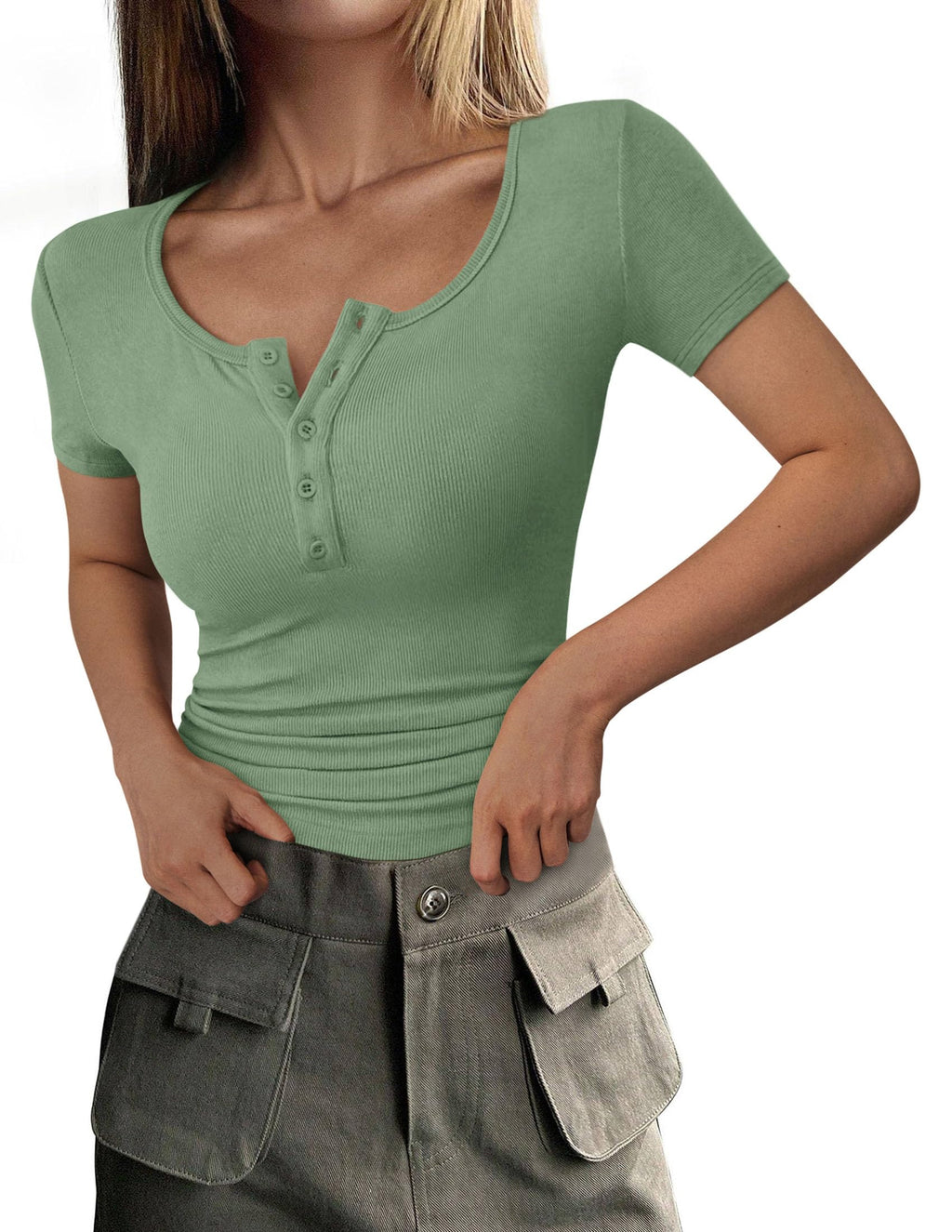 Women's Summer Tops Henley Tee Shirts | Soft Ribbed Fabric, Button Up, Short Sleeve, Slim Fitted, Basic Tshirts, Casual Trendy, Going Out Outfits, Fashion Clothing
