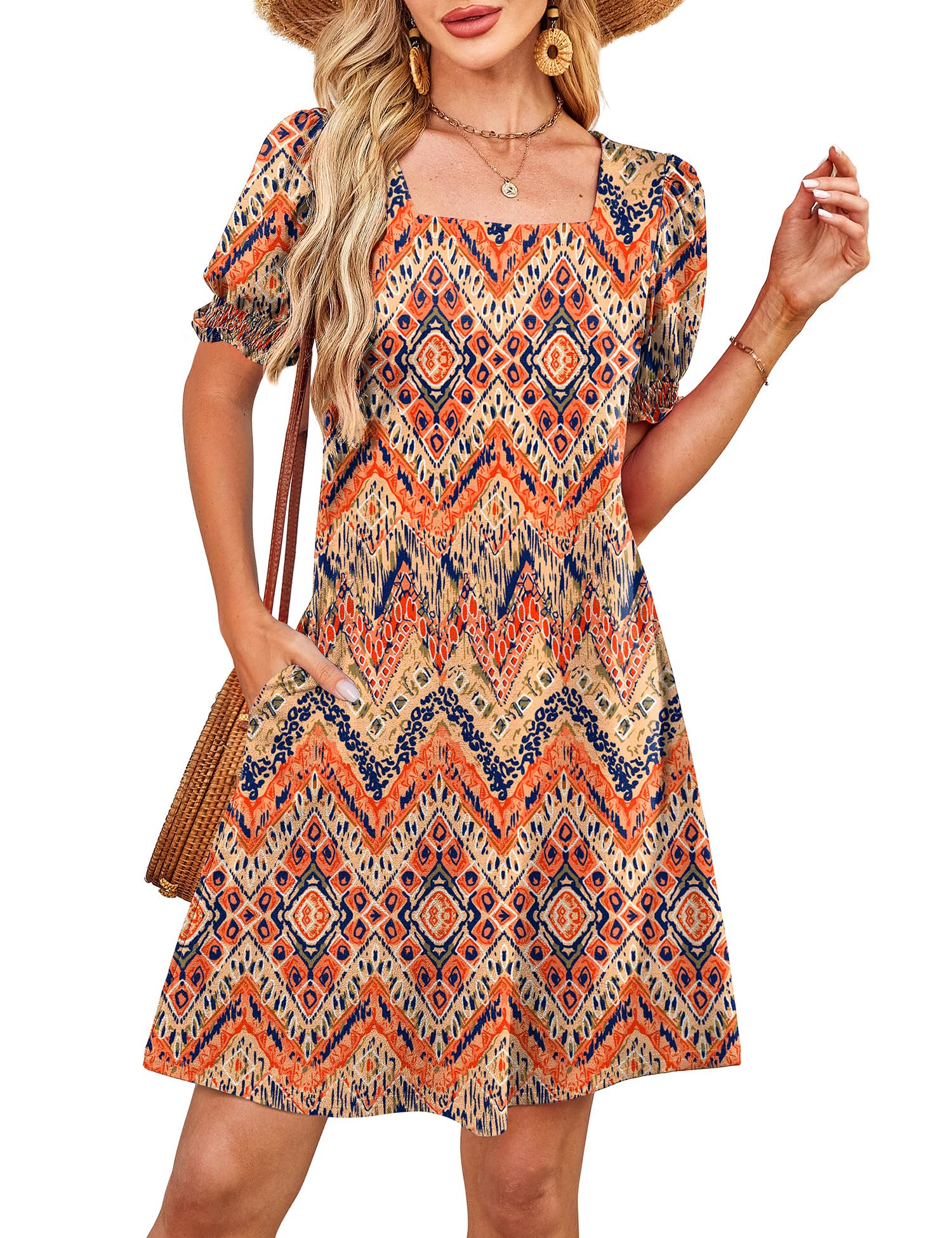 Summer Dresses for Women 2025 Casual Cute Square Neck Puff Short Sleeve Dress with Pockets
