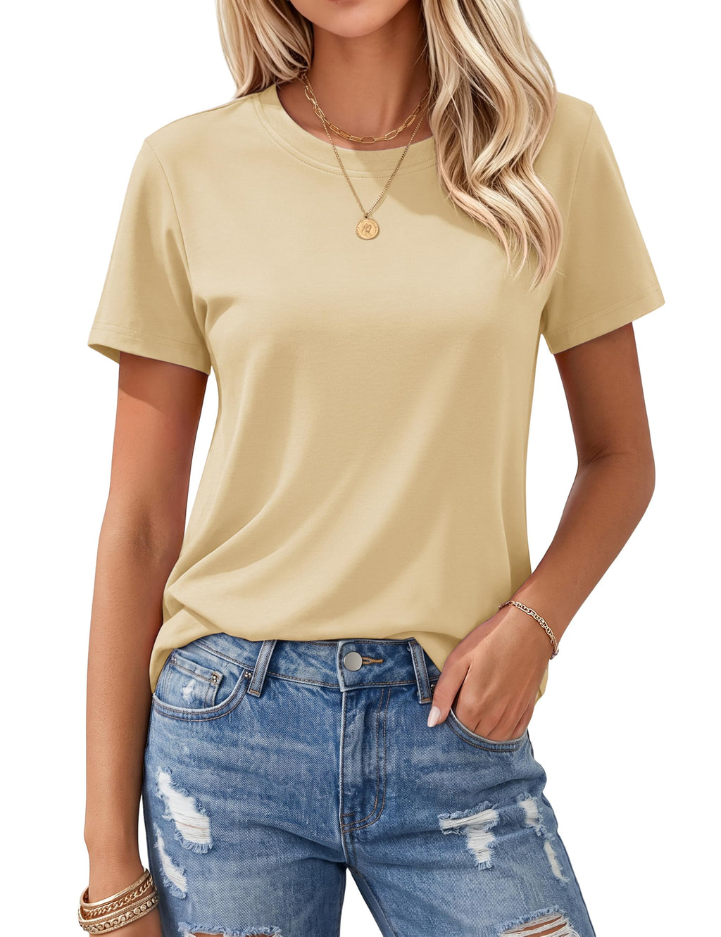Women's T Shirts Cotton Short Sleeve Shirts Crew-Neck Summer Tops Classic-Fit Tees Breathable Casual Clothes