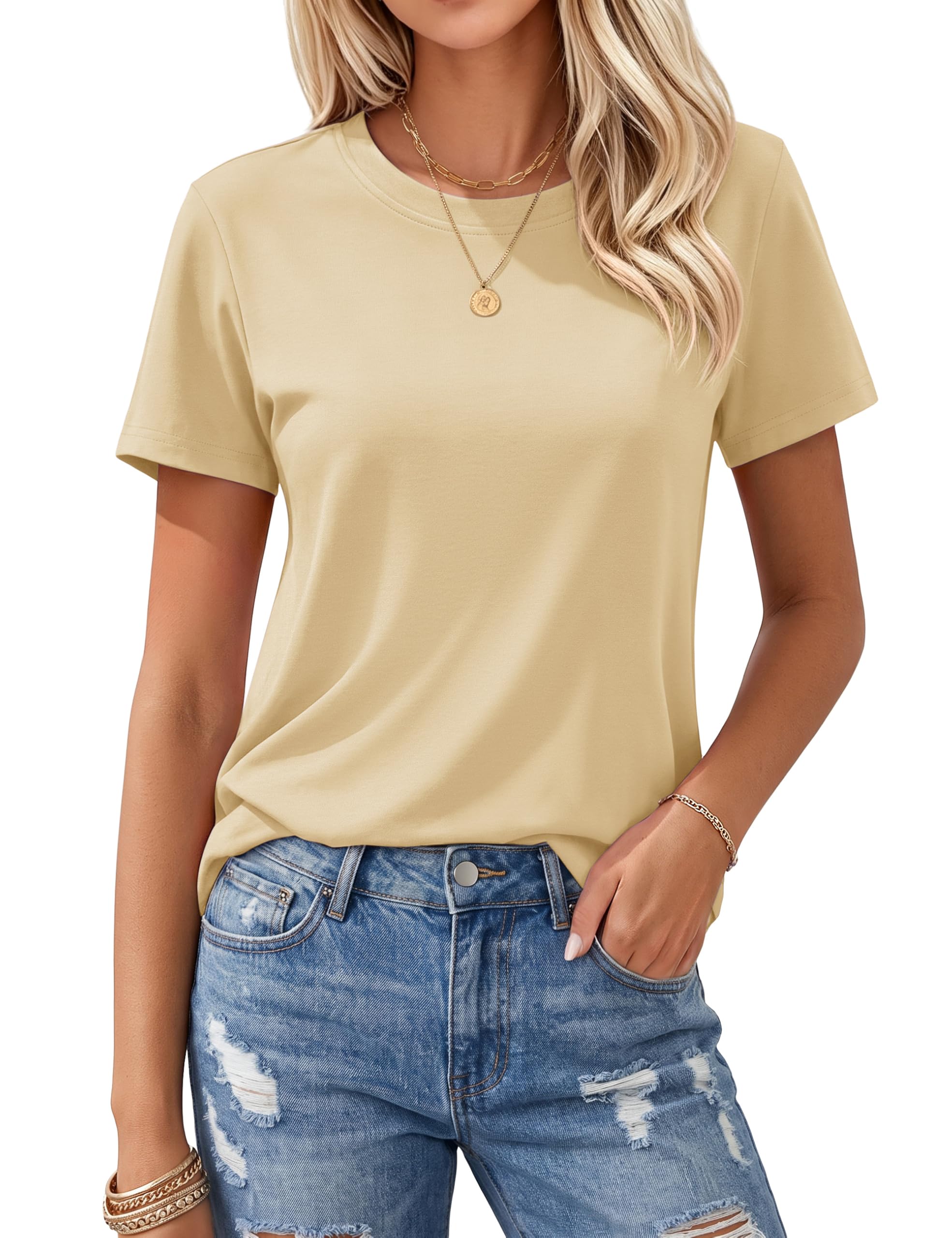 Women's T Shirts Cotton Short Sleeve Shirts Crew-Neck Summer Tops Classic-Fit Tees Breathable Casual Clothes