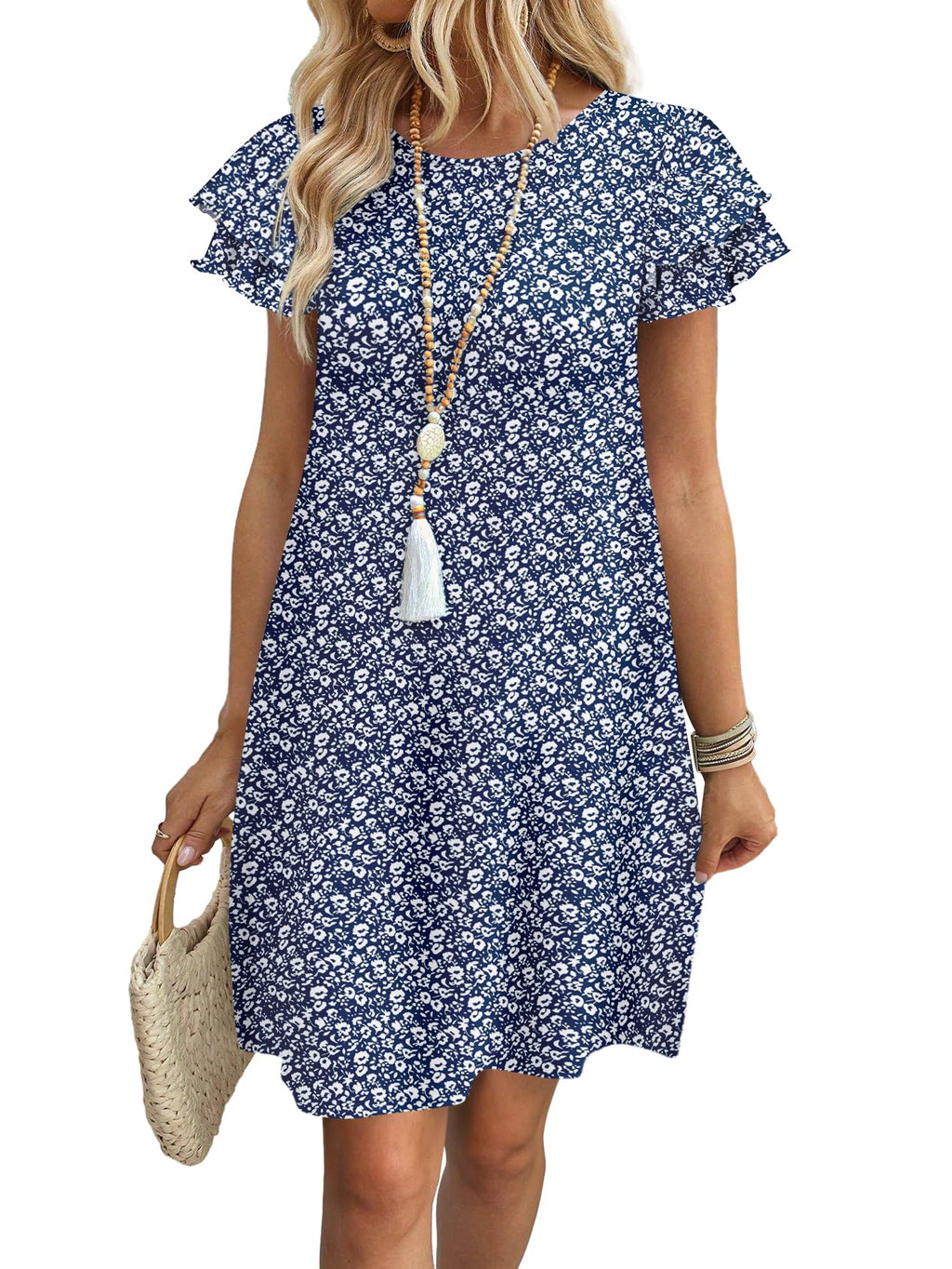 Womens Summer Dresses 2026 Ruffle Sleeve Round Neck Loose Swing Sundresses with Pockets Plain/Print