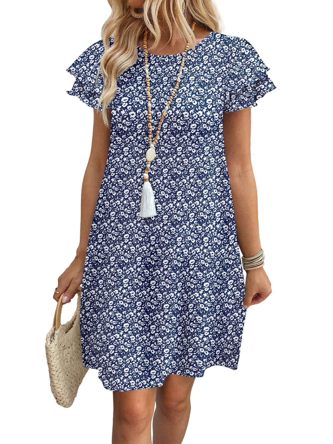 Womens Summer Dresses 2026 Ruffle Sleeve Round Neck Loose Swing Sundresses with Pockets Plain/Print