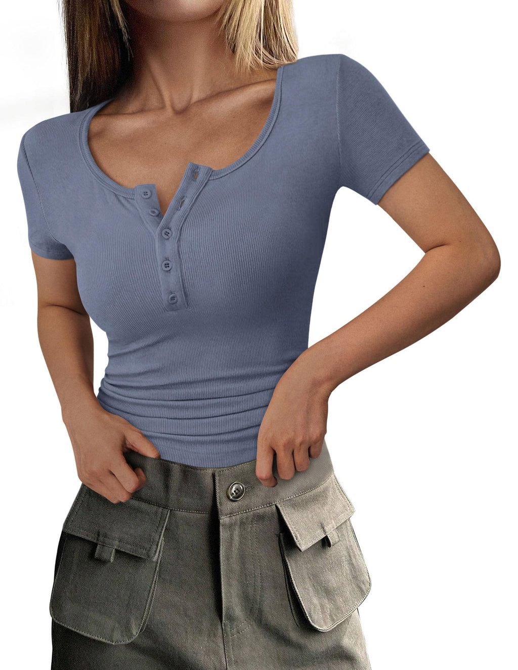 Women's Summer Tops Henley Tee Shirts | Soft Ribbed Fabric, Button Up, Short Sleeve, Slim Fitted, Basic Tshirts, Casual Trendy, Going Out Outfits, Fashion Clothing