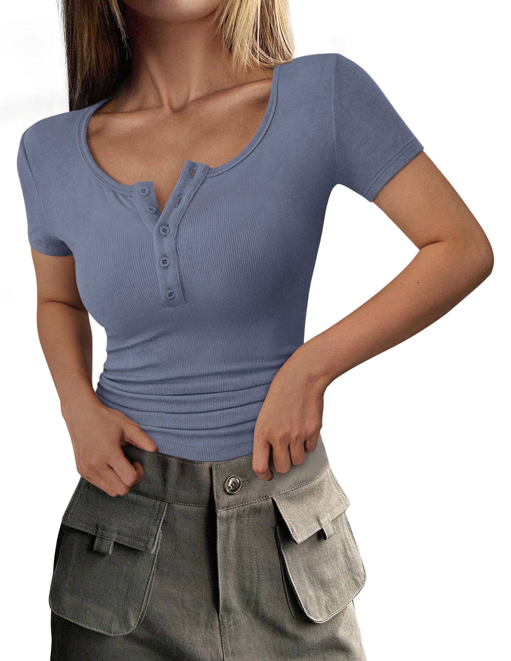 Women's Summer Tops Henley Tee Shirts | Soft Ribbed Fabric, Button Up, Short Sleeve, Slim Fitted, Basic Tshirts, Casual Trendy, Going Out Outfits, Fashion Clothing