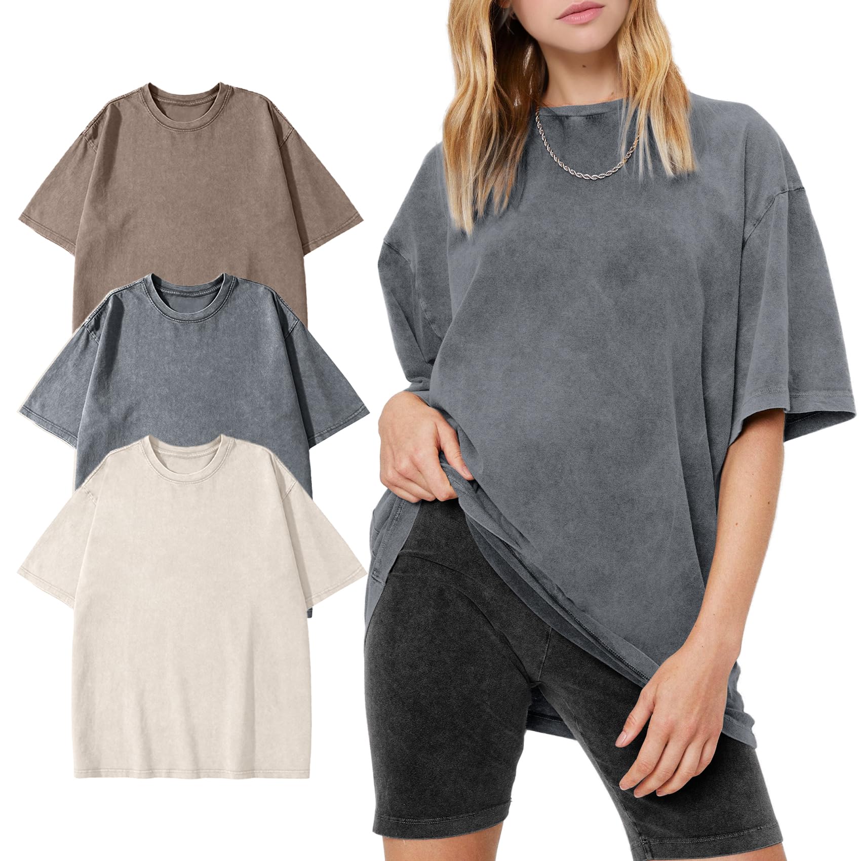 Women's Vintage Oversized T Shirts Washed Cotton Short Sleeve Tops | Soft Cotton Acid Wash Tees, Loose Baggy Boyfriend Fit, Gym, Workout, Streetwear, Casual Daily Outfits