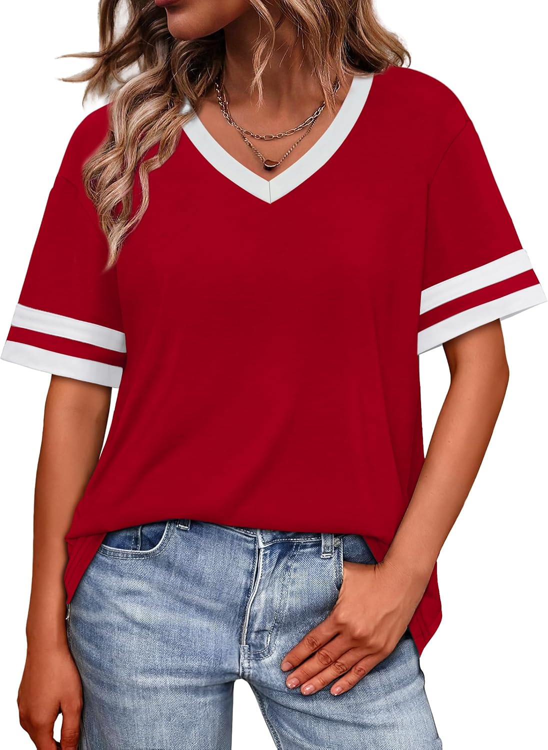 Womens T Shirts Loose Fit Short Sleeve Tees V Neck Color Block Summer Tops 2026 Fashion S-4XL