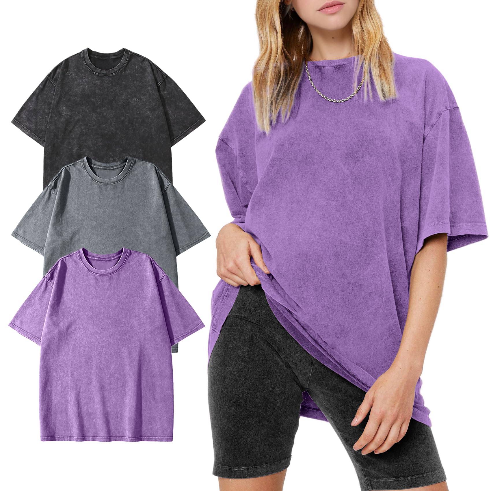 Women's Vintage Oversized T Shirts Washed Cotton Short Sleeve Tops | Soft Cotton Acid Wash Tees, Loose Baggy Boyfriend Fit, Gym, Workout, Streetwear, Casual Daily Outfits