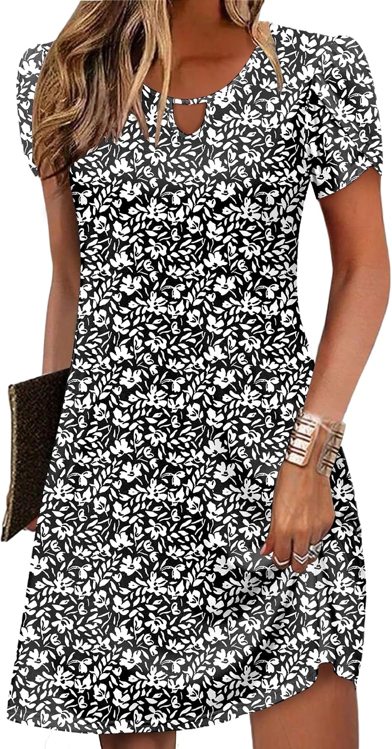 Women's Casual A-Line Dresses with Pockets Summer Floral Tshirt Dress Short Sleeve Mini Dress Flowy Sundresses