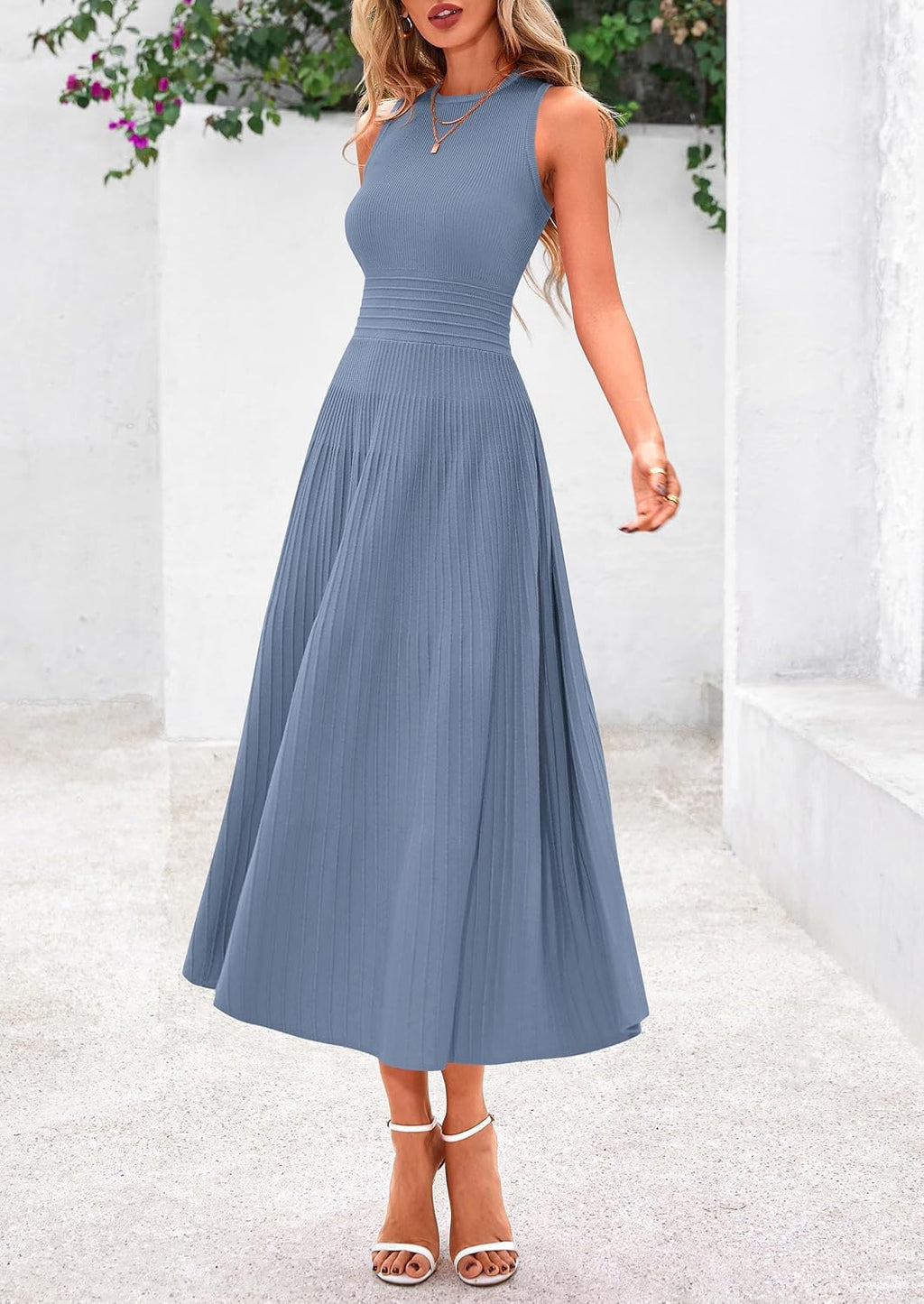 Women's Summer Pleated Midi Work Dress | Sleeveless A Line Knit Business Dresses, Spring Semi Formal Long Dress for Wedding Guest, Cocktail Party, Teacher Outfits