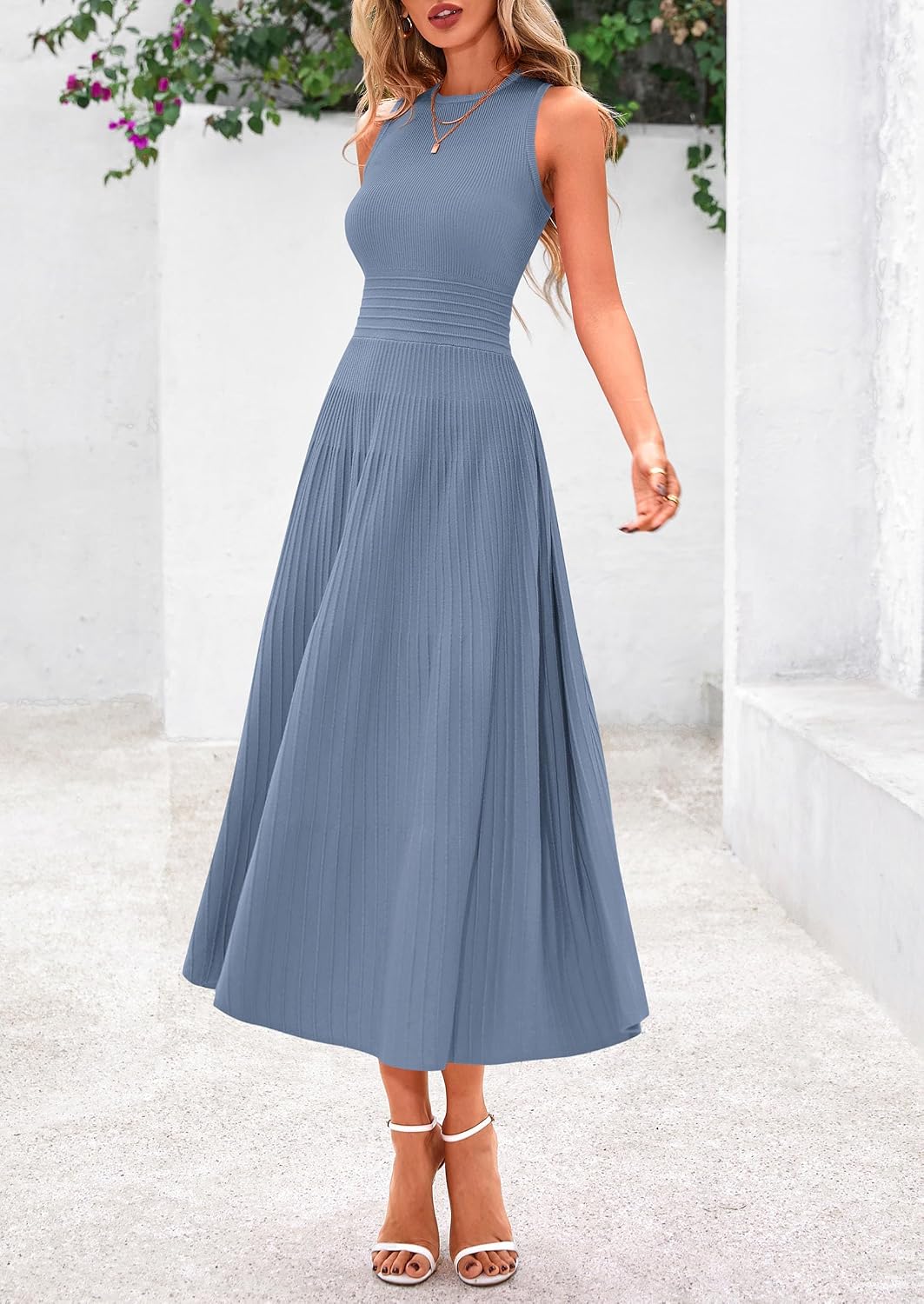 Women's Summer Pleated Midi Work Dress | Sleeveless A Line Knit Business Dresses, Spring Semi Formal Long Dress for Wedding Guest, Cocktail Party, Teacher Outfits