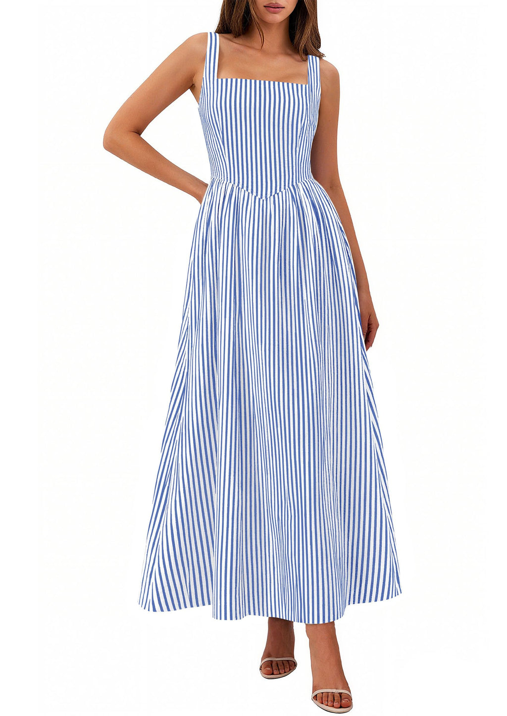 Women's Maxi Dress Summer Striped Sundress | Sleeveless Square Neck, Long Flowy A Line, Smocked Back, Pockets, Casual Spring Outfits for Beach Vacation, Resort, Party