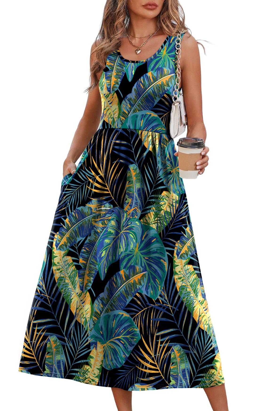 Summer Dresses for Women Flowy Casual Midi Dress Beach Vacation Sundresses with Pockets