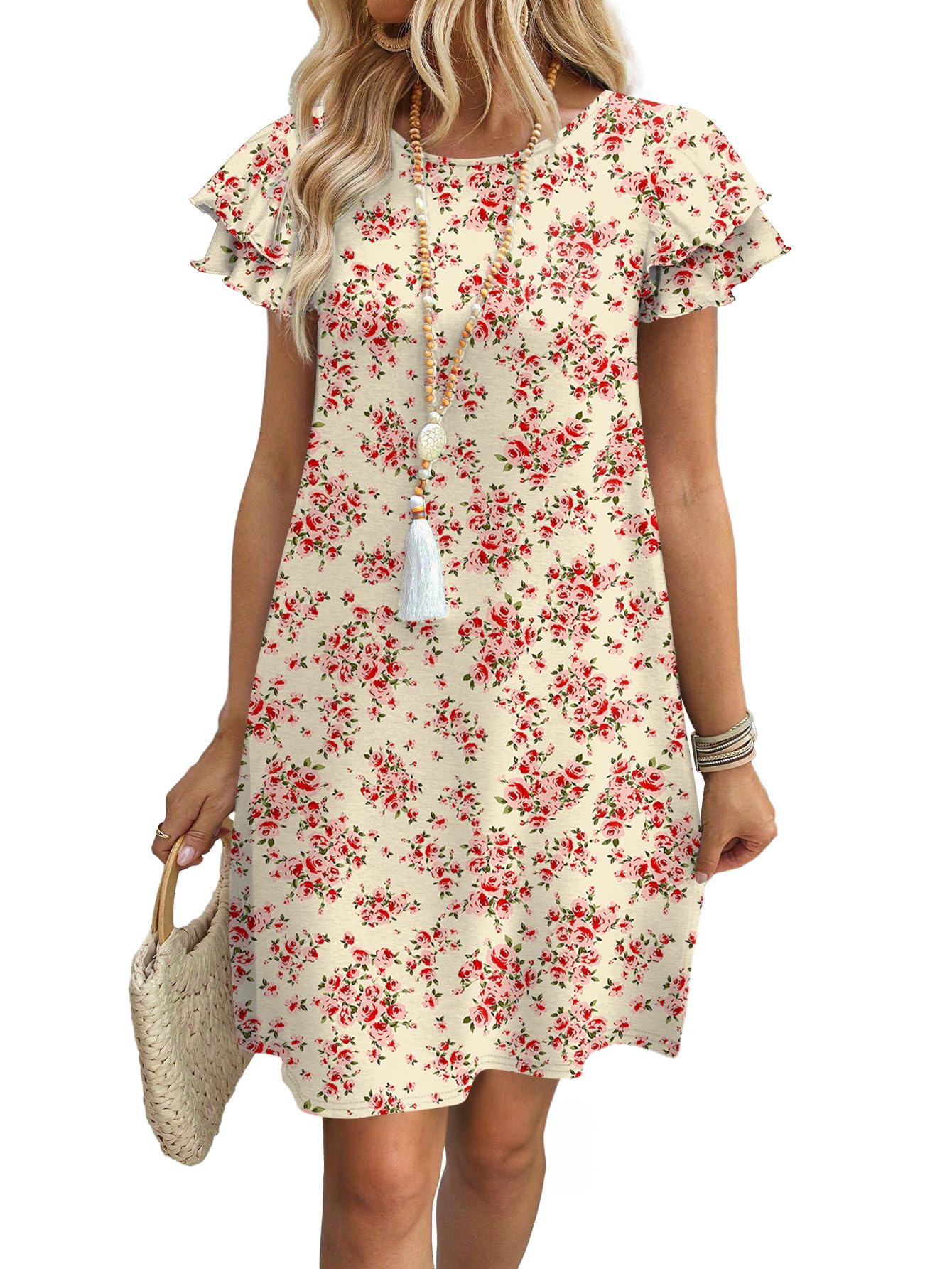 Womens Summer Dresses 2026 Ruffle Sleeve Round Neck Loose Swing Sundresses with Pockets Plain/Print