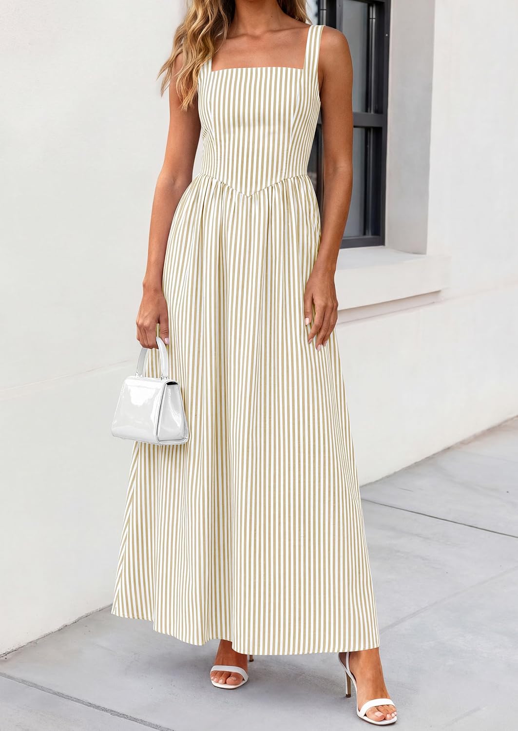 Women's Maxi Dress Summer Striped Sundress | Sleeveless Square Neck, Long Flowy A Line, Smocked Back, Pockets, Casual Spring Outfits for Beach Vacation, Resort, Party