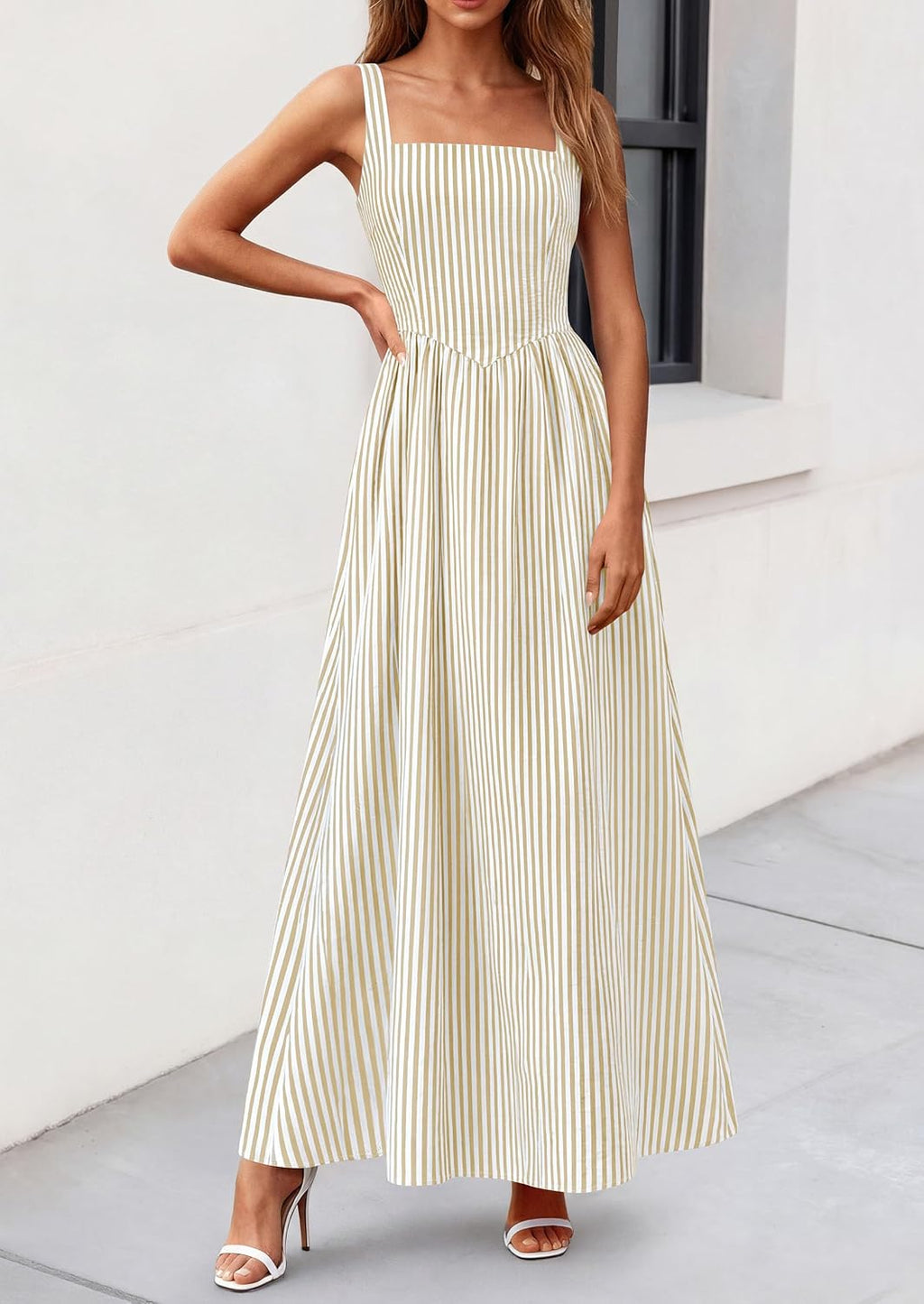 Women's Maxi Dress Summer Striped Sundress | Sleeveless Square Neck, Long Flowy A Line, Smocked Back, Pockets, Casual Spring Outfits for Beach Vacation, Resort, Party