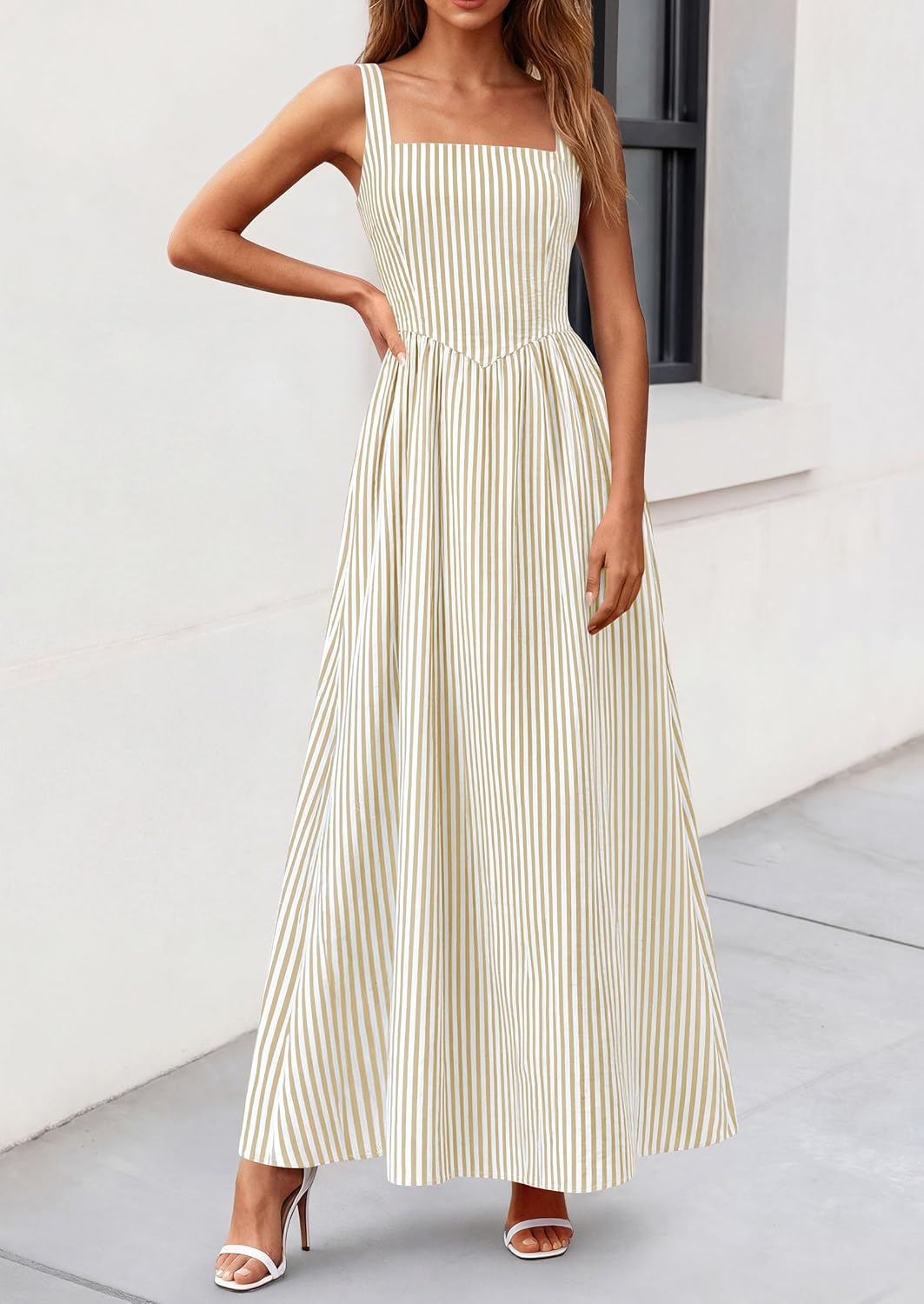 Women's Maxi Dress Summer Striped Sundress | Sleeveless Square Neck, Long Flowy A Line, Smocked Back, Pockets, Casual Spring Outfits for Beach Vacation, Resort, Party