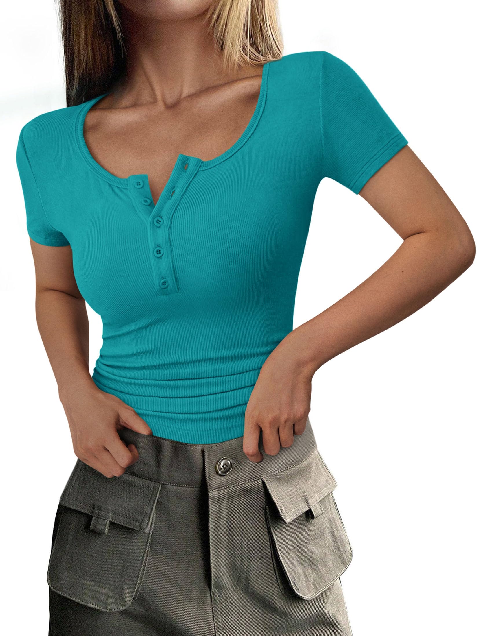 Women's Summer Tops Henley Tee Shirts | Soft Ribbed Fabric, Button Up, Short Sleeve, Slim Fitted, Basic Tshirts, Casual Trendy, Going Out Outfits, Fashion Clothing