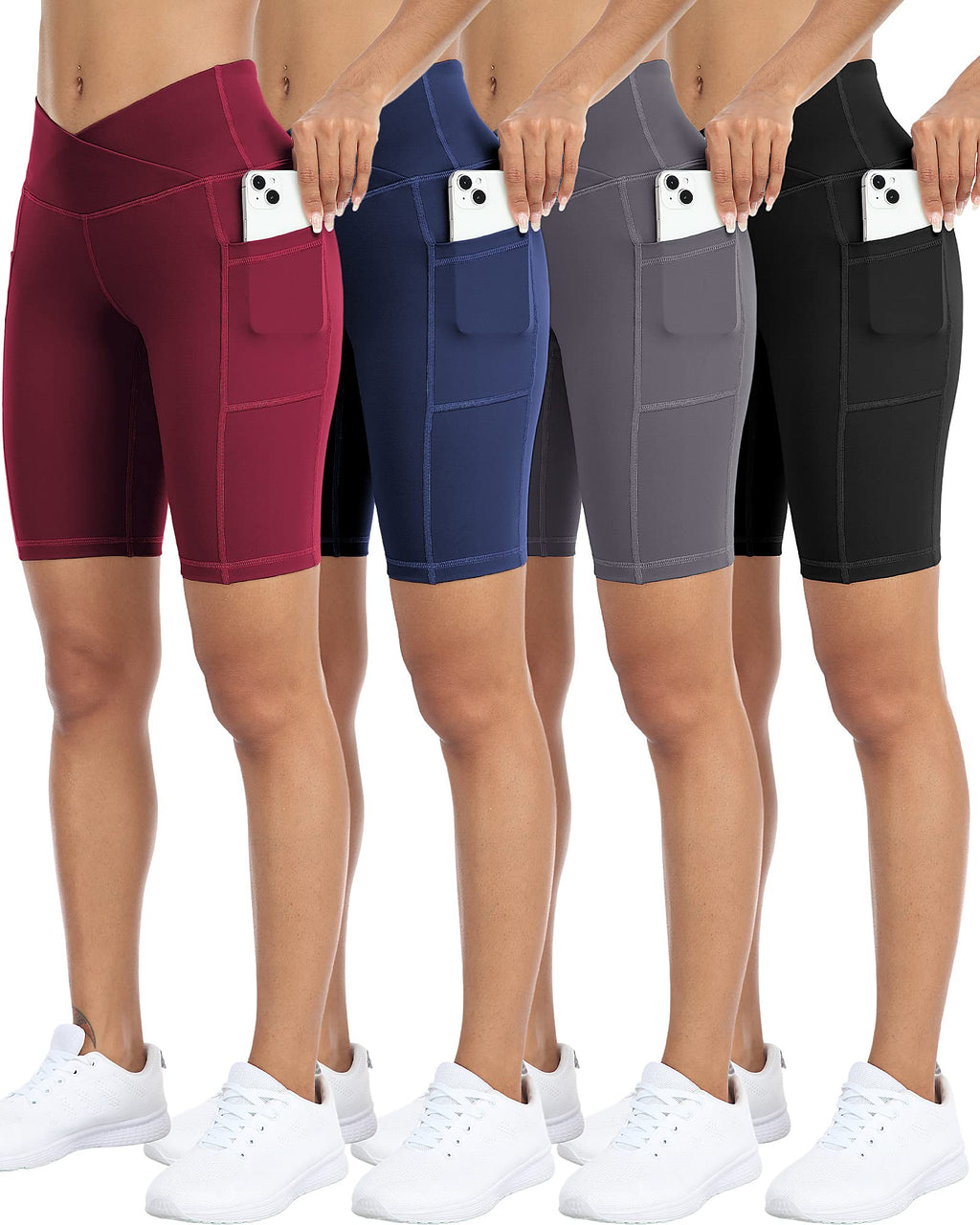 4 Pack Biker Yoga Shorts with Pockets for Women,High Waisted Athletic Running Workout Gym Shorts Tummy Control
