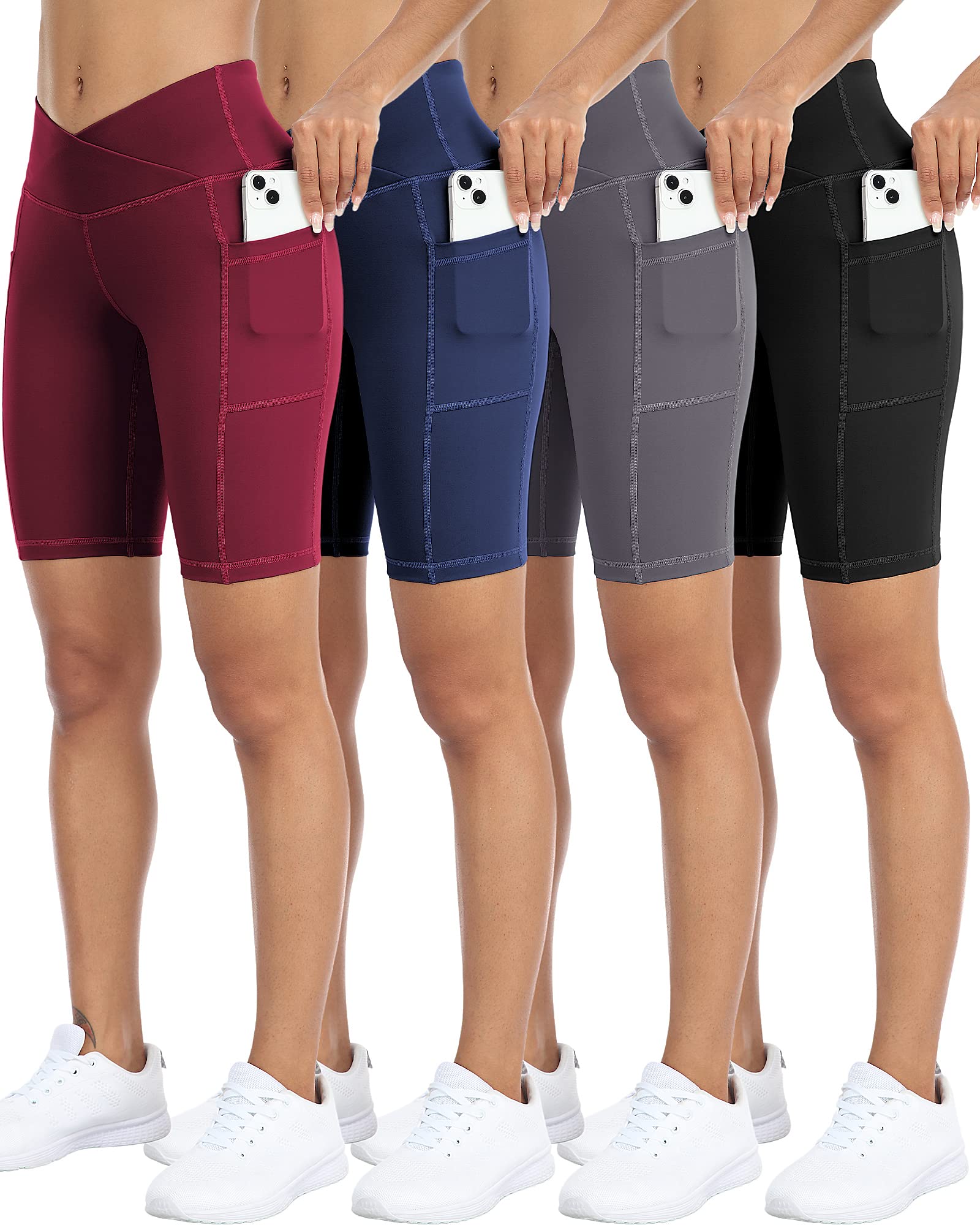 4 Pack Biker Yoga Shorts with Pockets for Women,High Waisted Athletic Running Workout Gym Shorts Tummy Control