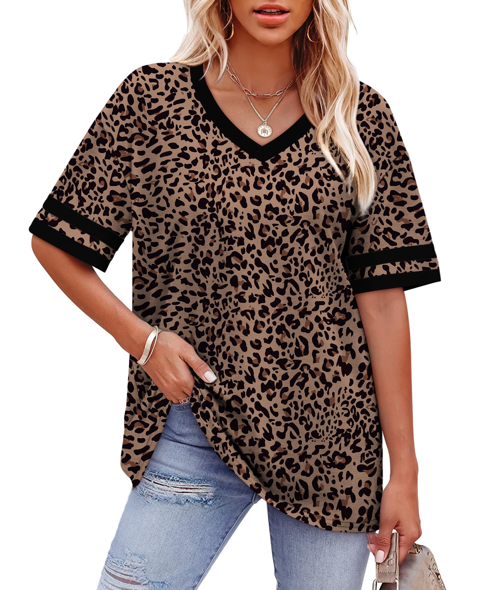 Womens T Shirts Loose Fit Short Sleeve Tees V Neck Color Block Summer Tops 2026 Fashion S-4XL